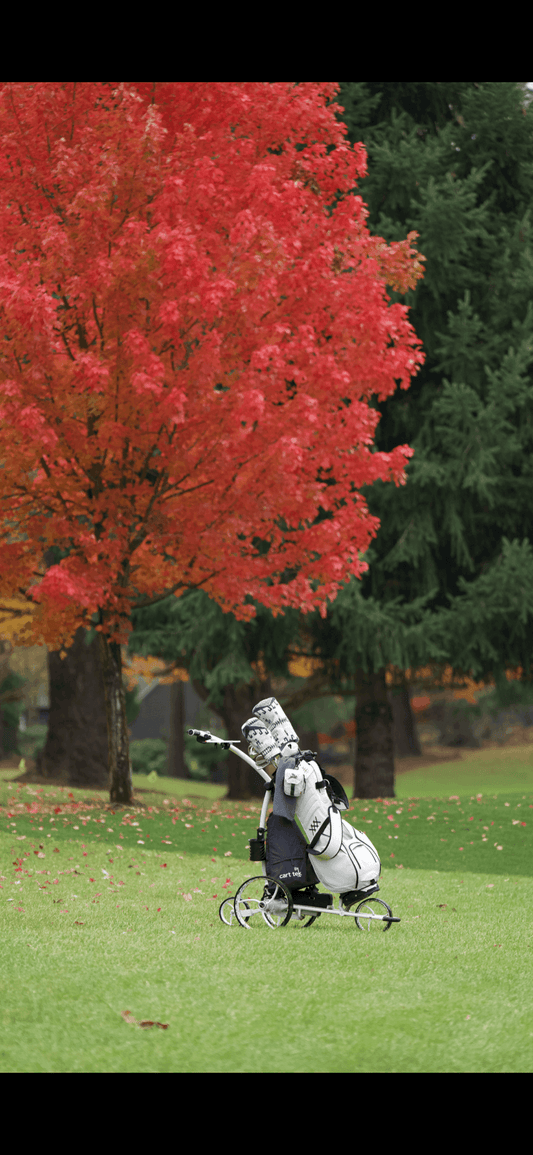 white electric golf cart with white golf bag on green golf course with red maple tree in background