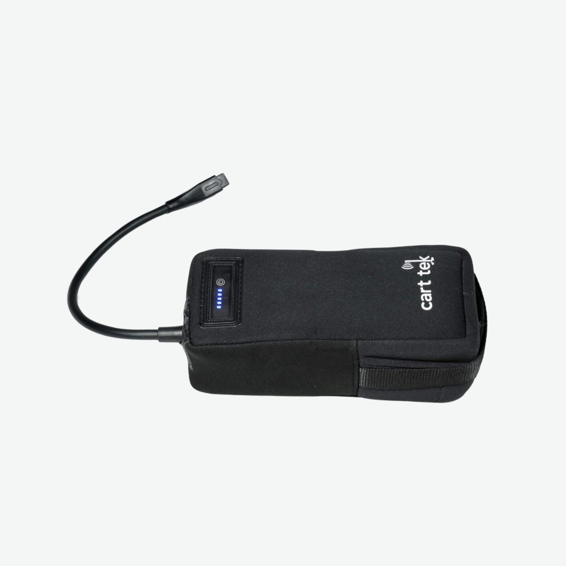 10.4 Ah lithium-ion battery with LED-lit display, designed for electric golf carts and push carts. Features a compact, durable design with a bright LED indicator for easy power status monitoring on the course.