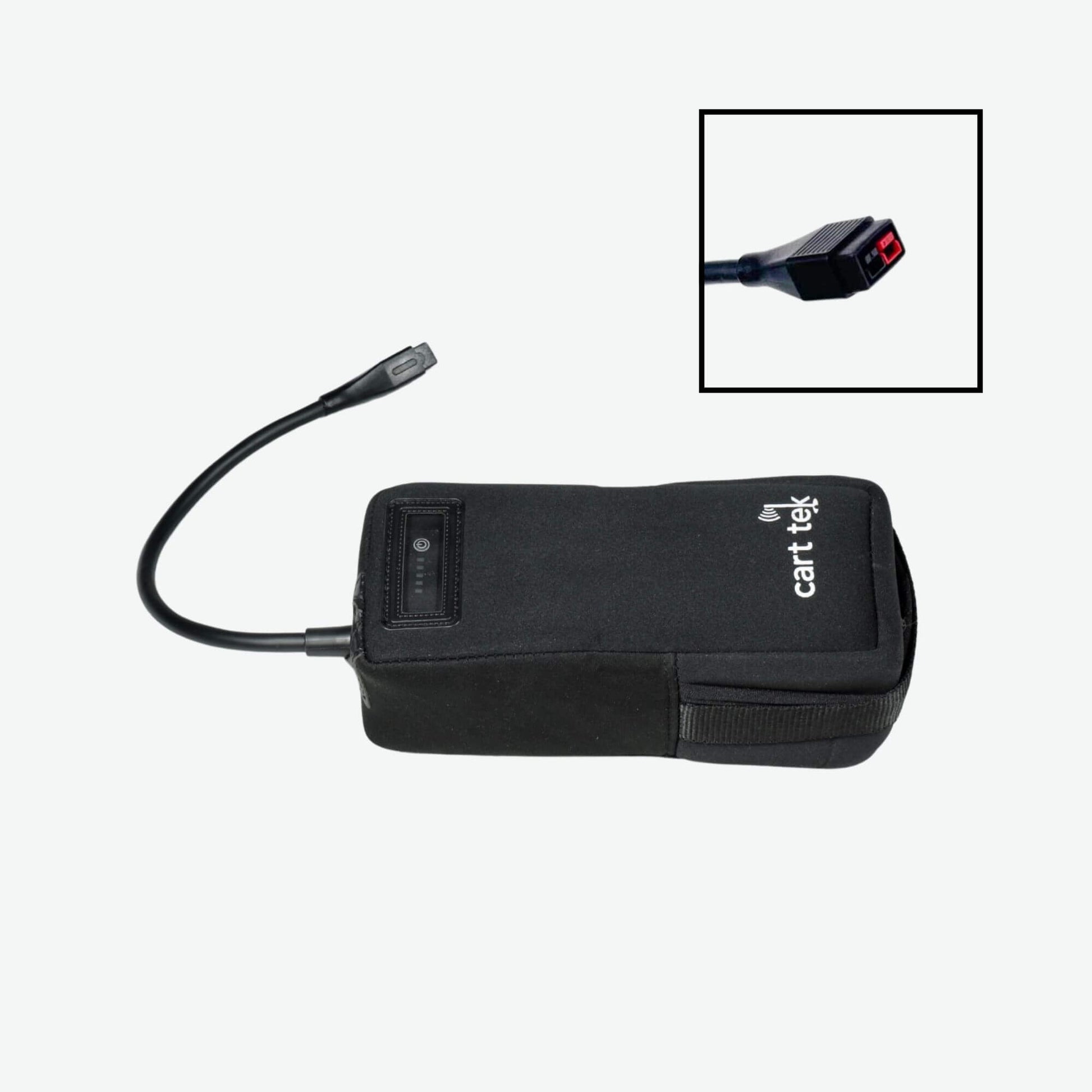 10.4 Ah lithium-ion battery for electric golf carts featuring an LED power indicator and Anderson connector for secure and efficient charging.