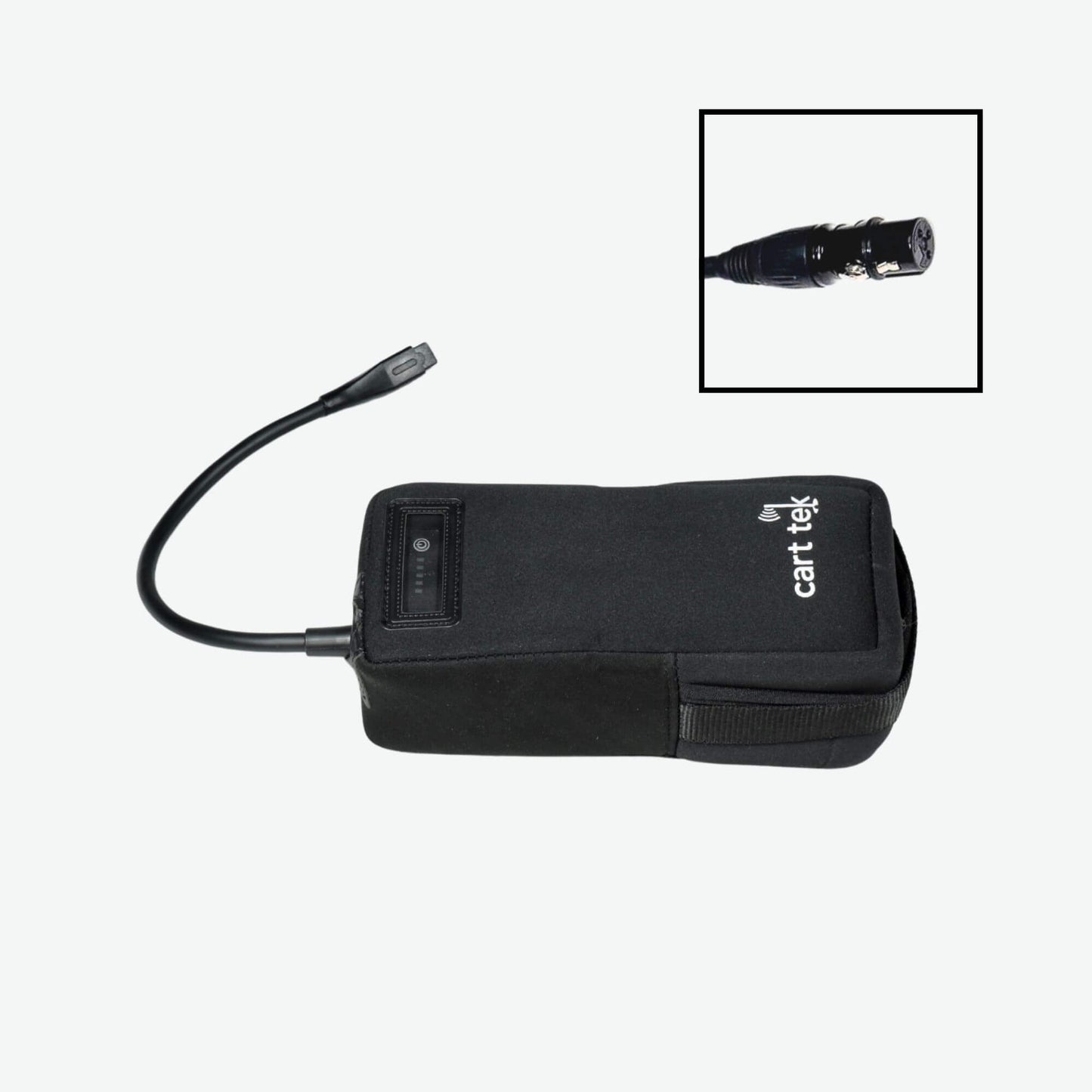 10.4 Ah lithium-ion battery for electric golf carts with an LED-lit power indicator and XLR end plug, designed for reliable performance and easy connectivity.