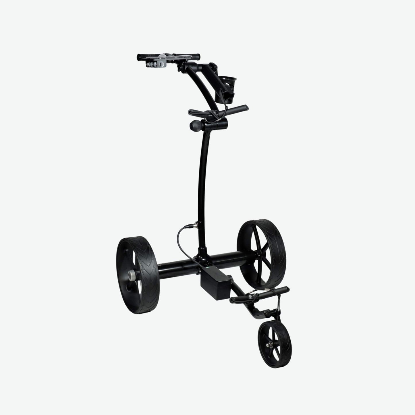 Right front quarter elevated view of the GRi-975Li black electric golf push cart with downhill braking. This sleek and durable electric push cart features a rechargeable lithium battery, a stable three-wheel design, and an advanced braking system for controlled movement on sloped terrain, ensuring a smooth golfing experience.