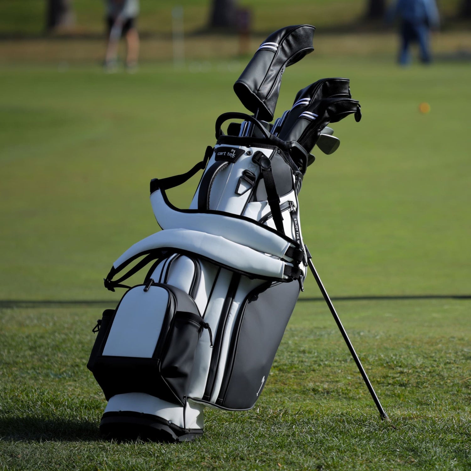 Ultra hybrid stand golf bag from cart tek designed for golf trollies on practice green