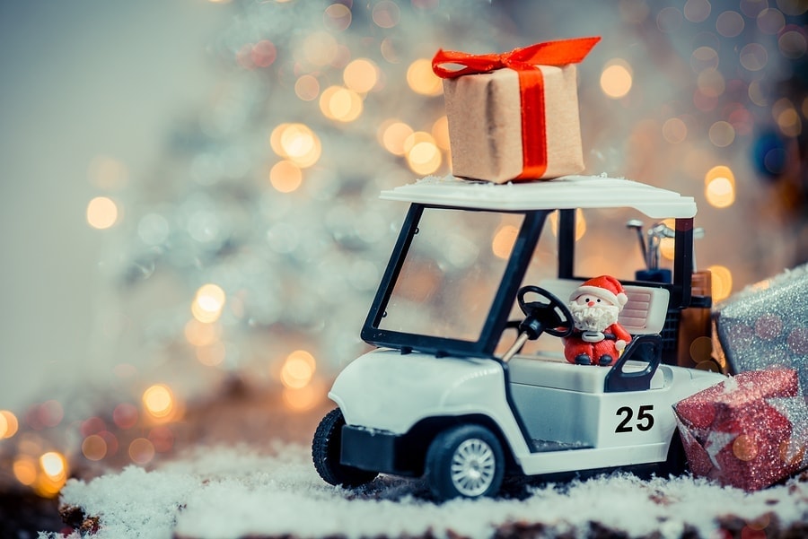 santa clause riding in a golf cart with a snowing background