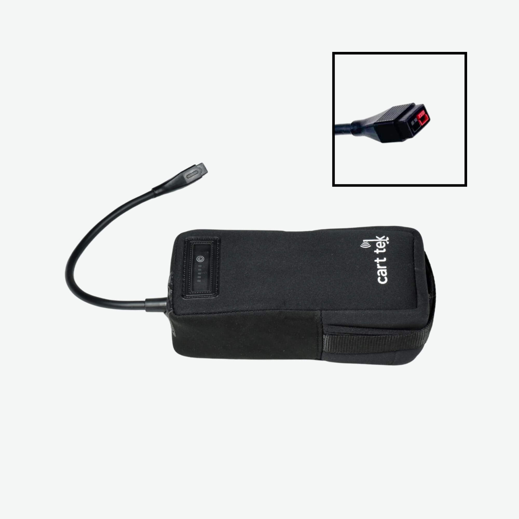 10.4 Ah lithium-ion battery for electric golf carts featuring an LED power indicator and Anderson connector for secure and efficient charging.