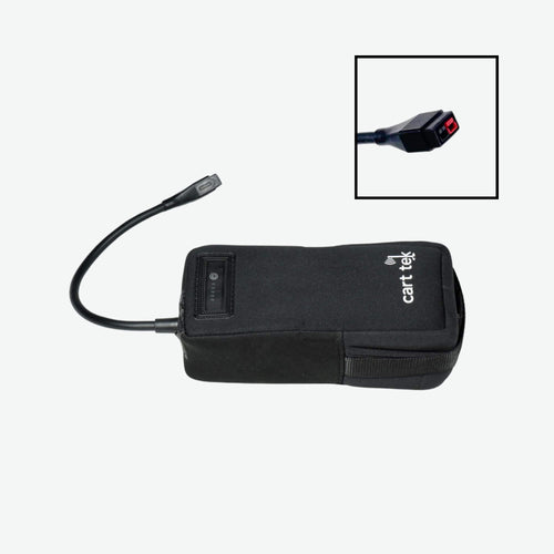 10.4 Ah lithium-ion battery for electric golf carts featuring an LED power indicator and Anderson connector for secure and efficient charging.