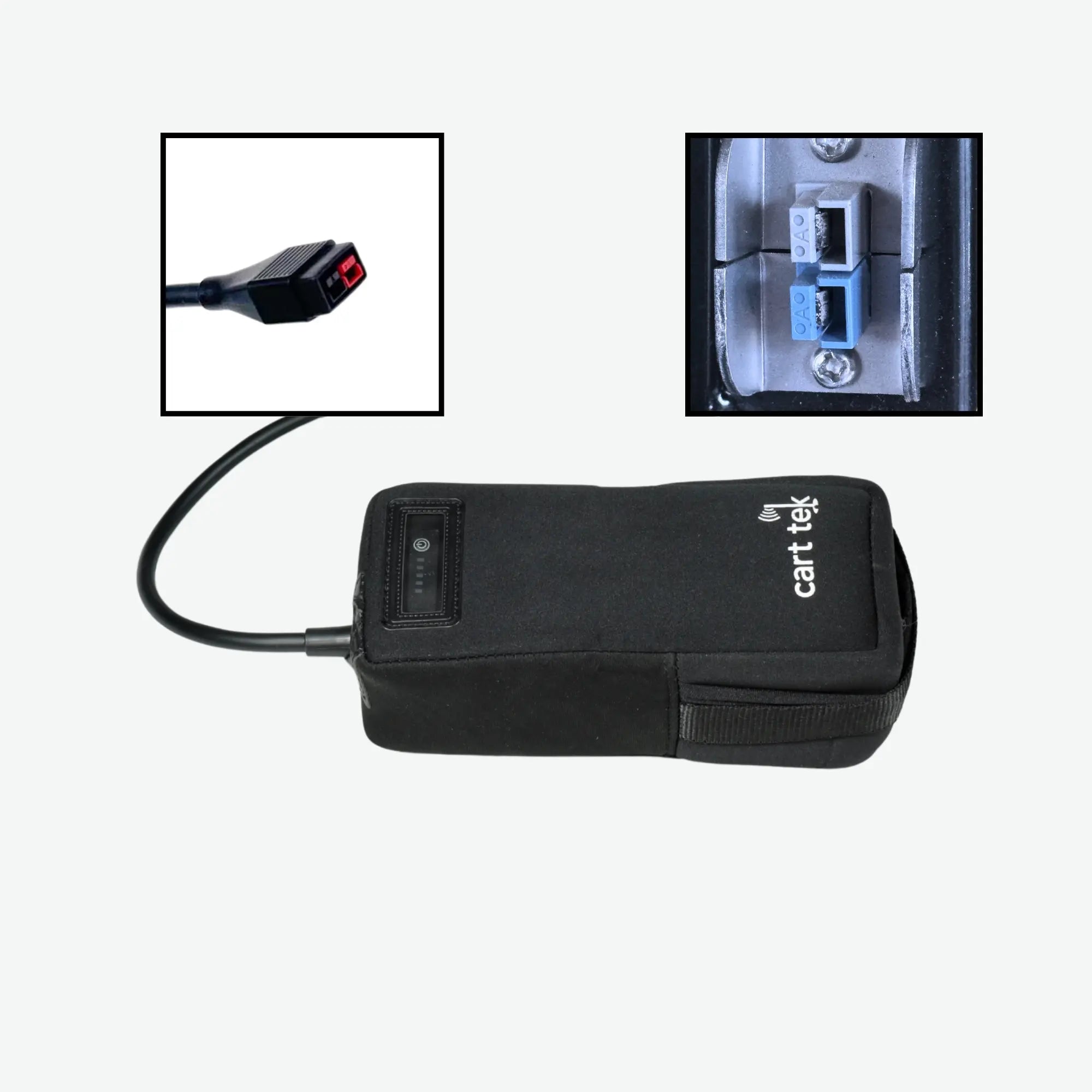 10.4 Ah lithium-ion battery for electric golf carts featuring an LED power indicator and Anderson connector for secure and efficient charging, shown with legacy yellowstone port.