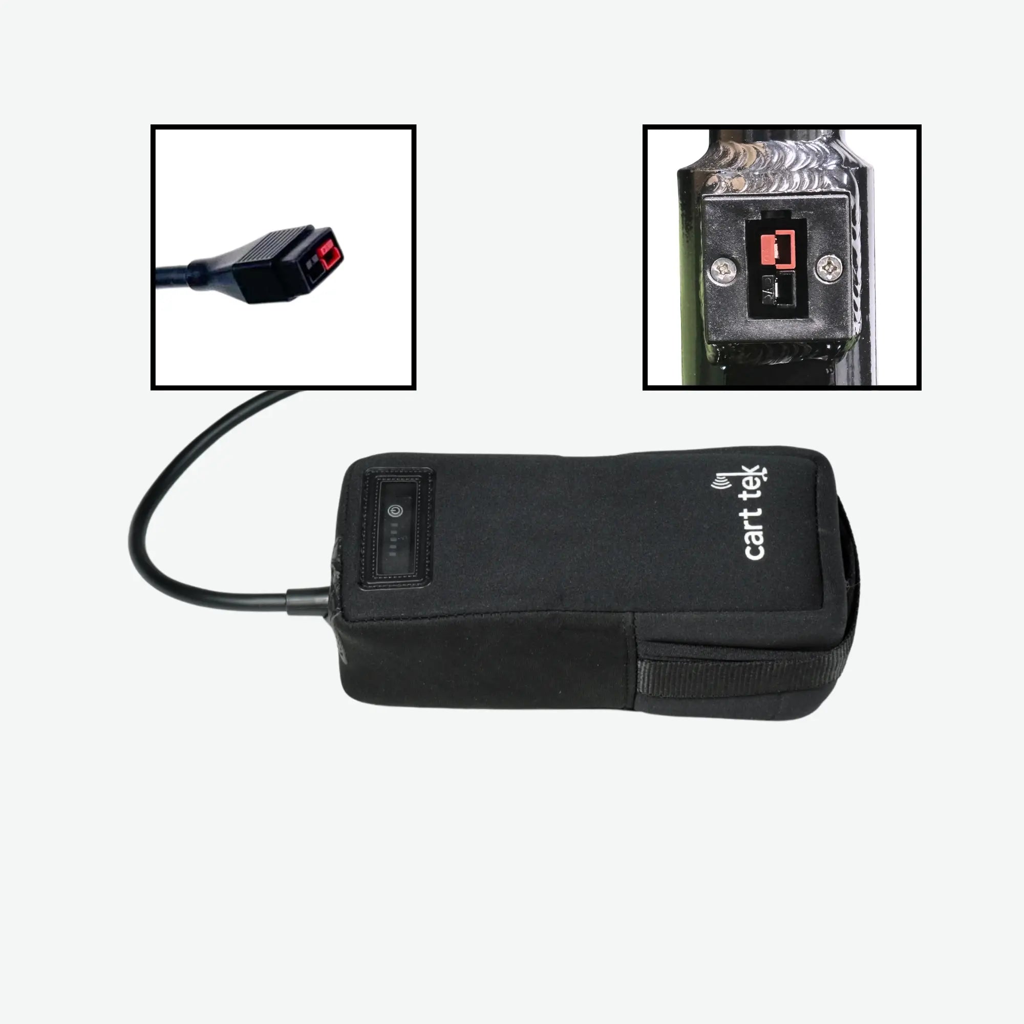 10.4 Ah lithium-ion battery for electric golf carts featuring an LED power indicator and Anderson connector for secure and efficient charging.