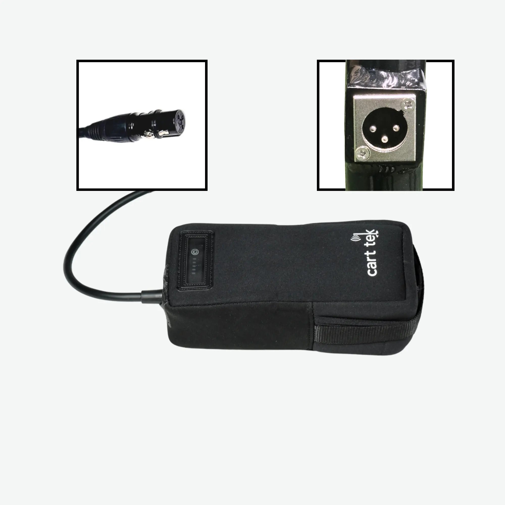 10.4 Ah lithium-ion battery for electric golf carts with an LED-lit power indicator and XLR end plug, designed for reliable performance and easy connectivity.