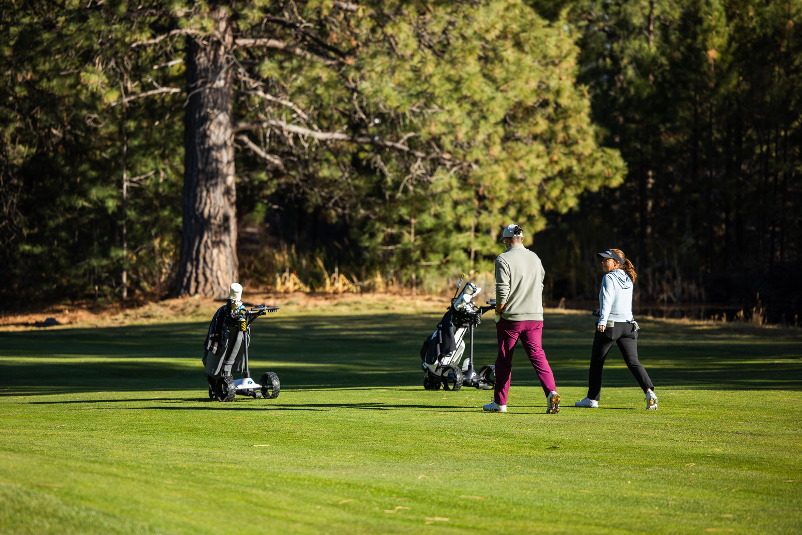 Two golfers on a green course with trees in the background