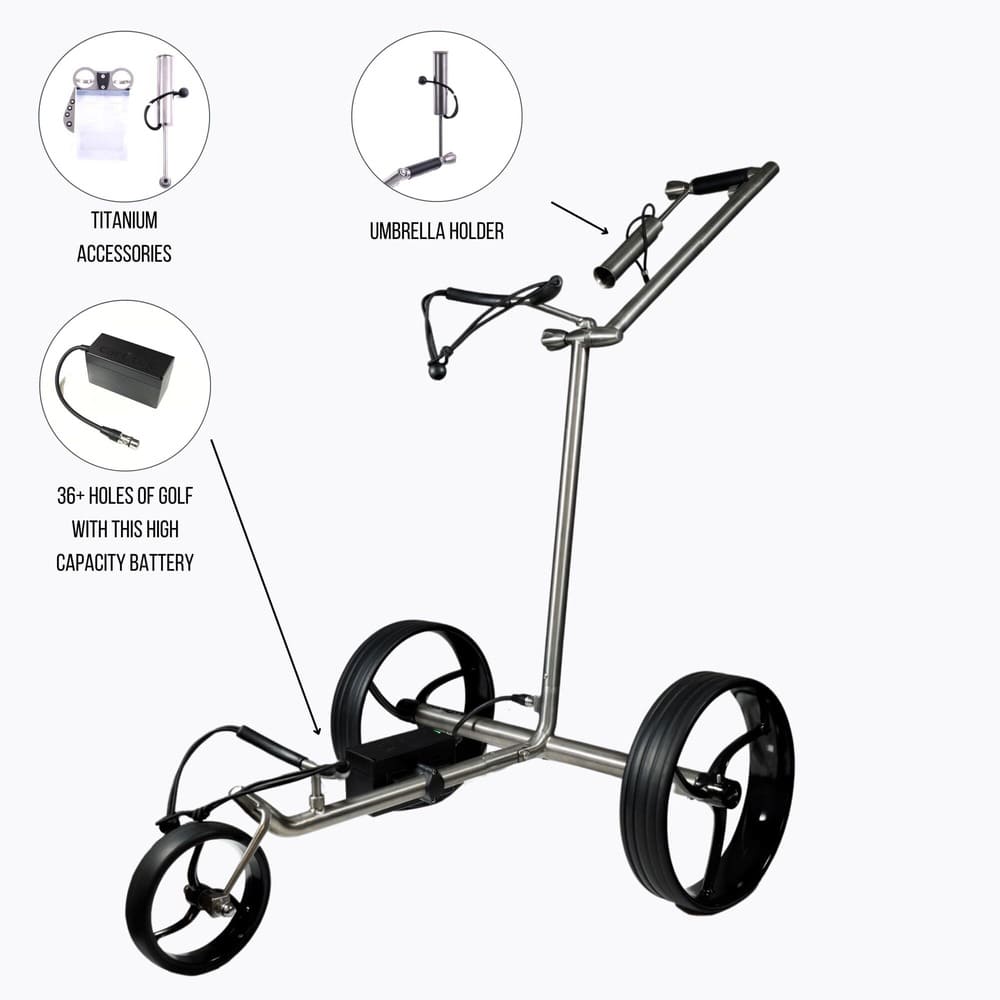 Accessories included with the Galaxy Titan electric golf trolley, such as remote, charger, drink holder, and tool kit for this premium motorized golf cart.