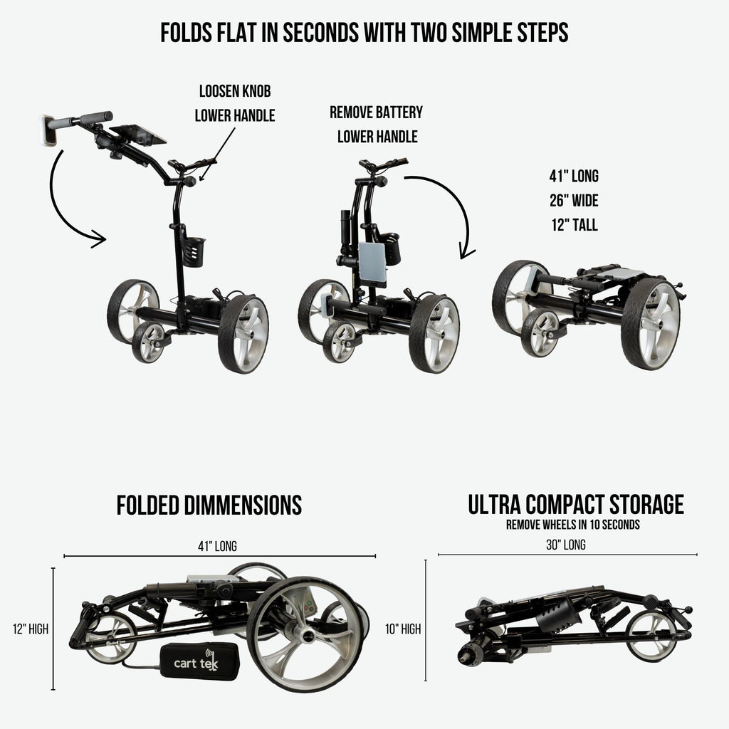 Right-side view of the Yellowstone Black remote control electric golf cart, a lightweight and powerful option for walking golfers. Equipped with a long-lasting lithium-ion battery that supports 36+ holes on a single charge, this electric golf push cart is designed for easy maneuverability, fast 5-6 hour charging, and effortless folding—perfect for hilly courses and smooth fairways alike.