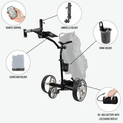 Yellowstone Black remote control electric golf cart with included accessories, designed for walking golfers. This lightweight electric golf cart features a high-capacity lithium-ion battery for 36+ holes, fast charging in 5-6 hours, and an easy-folding frame, making it one of the best electric golf carts for flat courses.