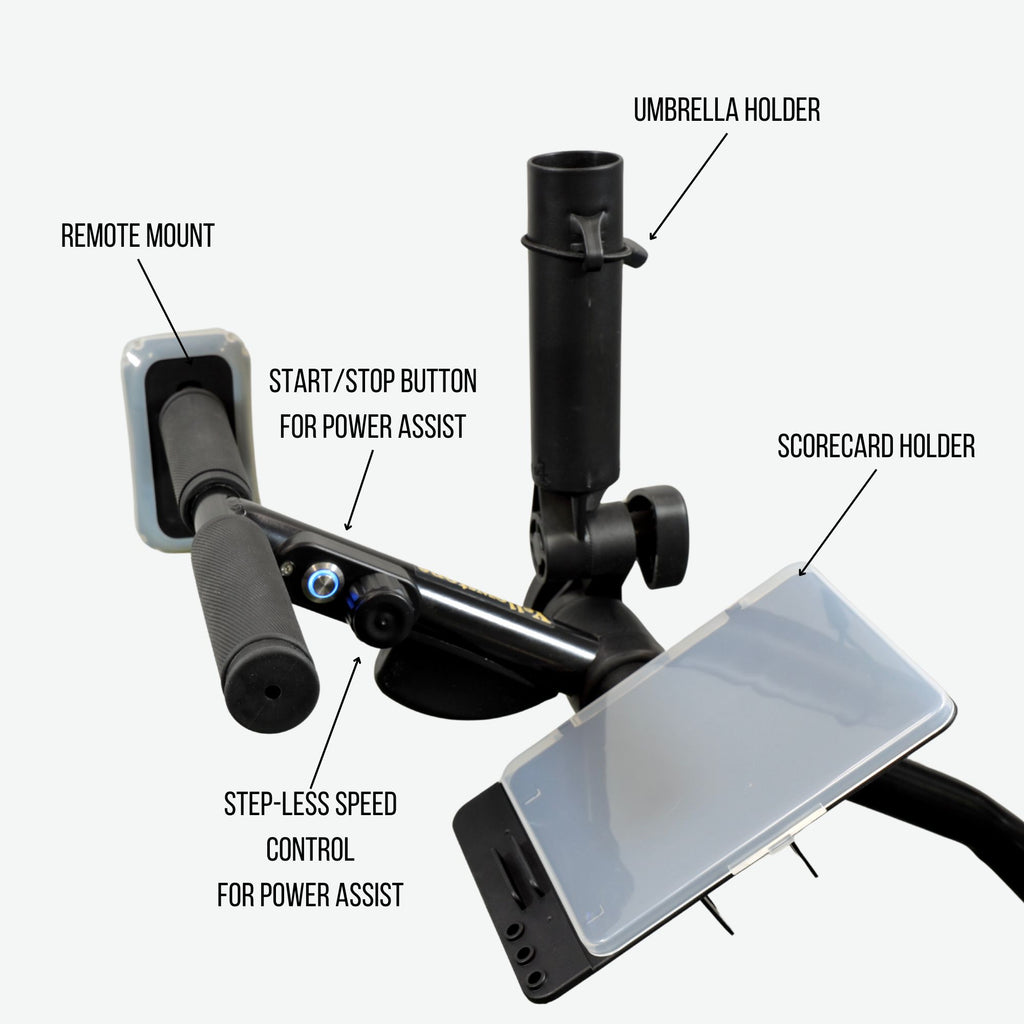 Close-up of the upper handle controls on the Yellowstone Black remote control electric golf cart, showcasing its stop-and-go memory function for seamless movement between shots. This lightweight electric golf push cart also features a true trolley mode, allowing manual operation if the remote is forgotten. Designed for walking golfers, it offers effortless navigation, a long-lasting lithium-ion battery for 36+ holes, and easy folding for transport.