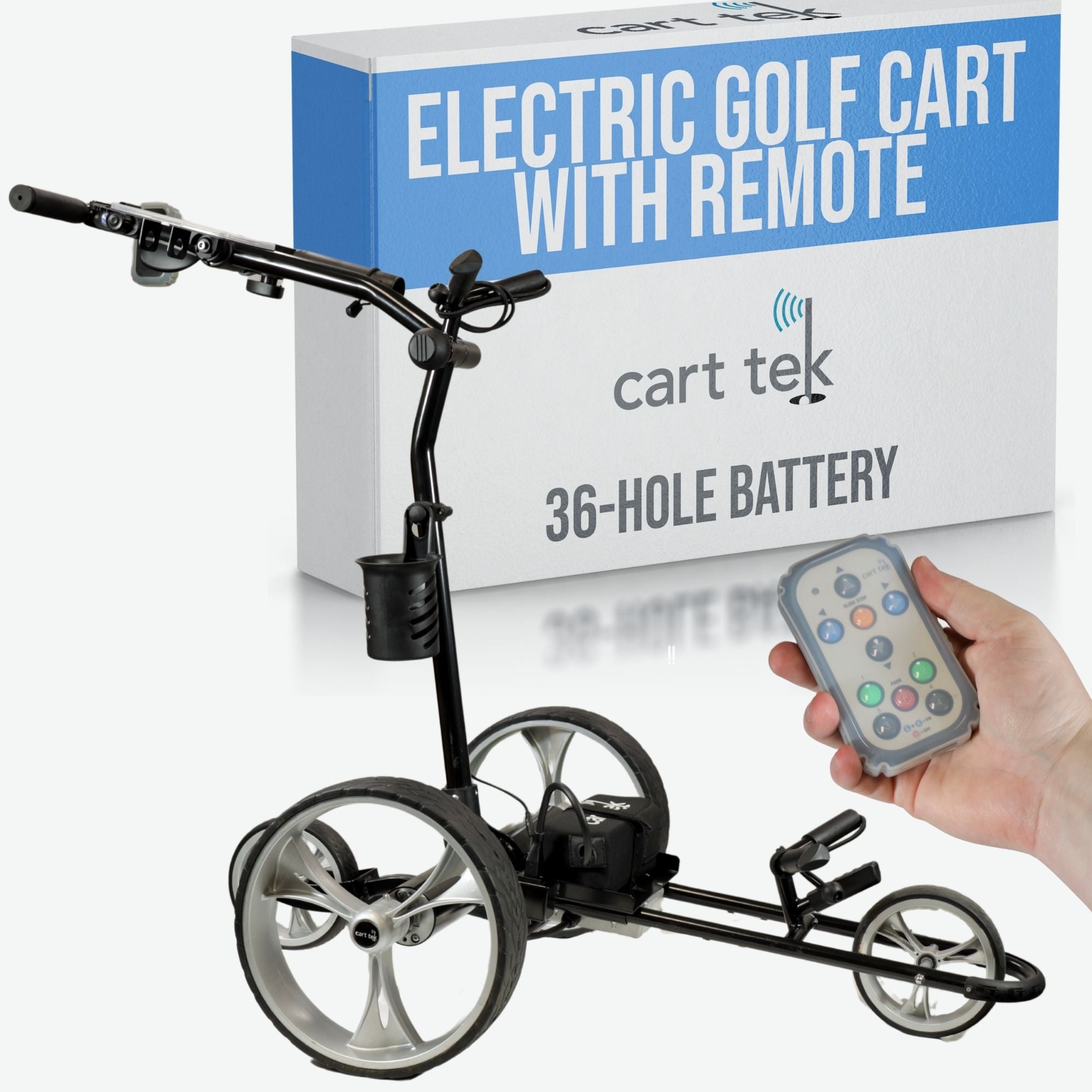 Yellowstone-R-BLK, electric golf cart with remote, 36-hole battery, black trolley