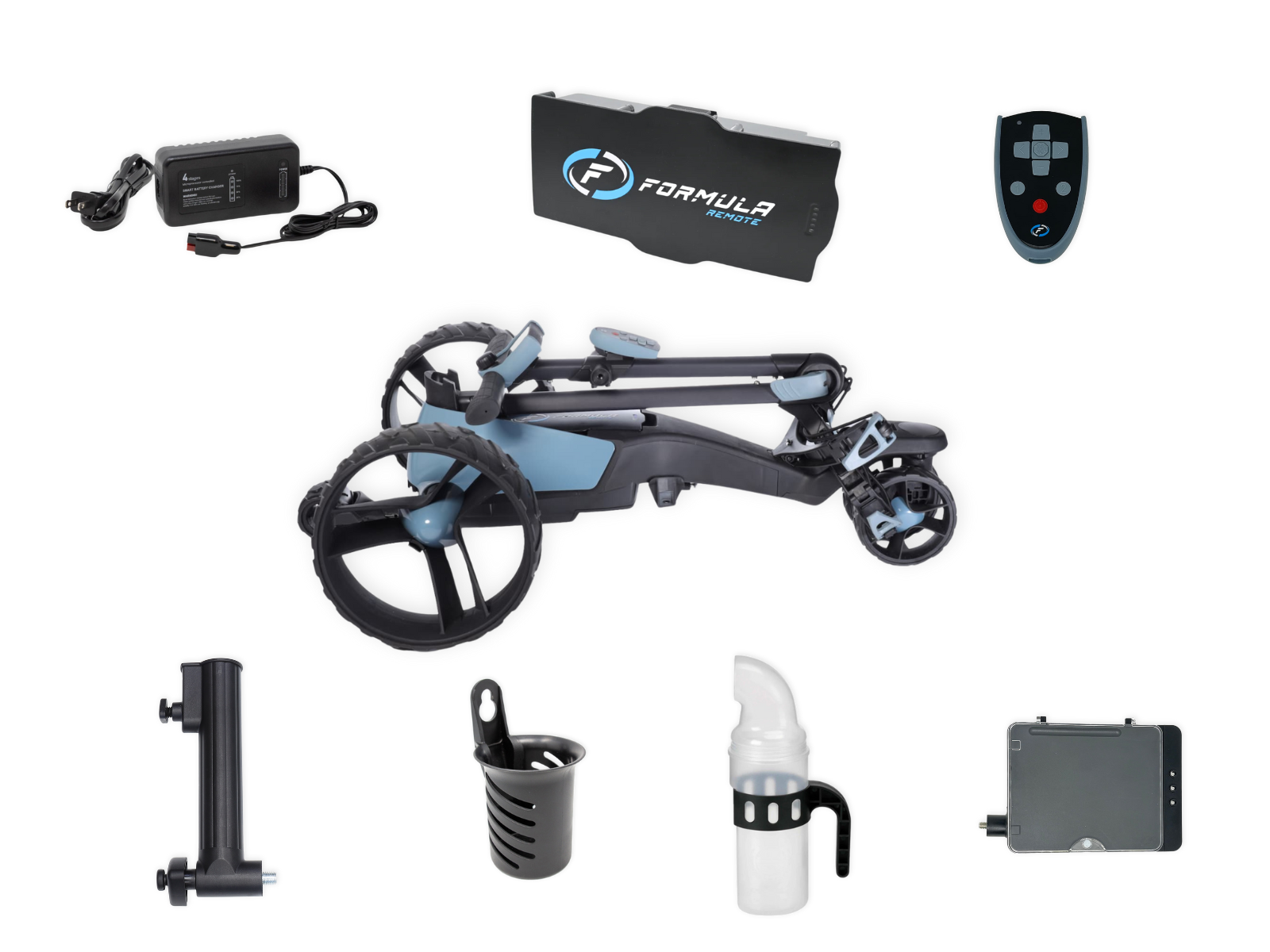 What’s included with the FORMULA Remote electric golf caddy: folded caddy, lithium battery, battery charger, remote control, umbrella holder, drink holder, sand and seed bottle, and scorecard holder shown in a studio layout.