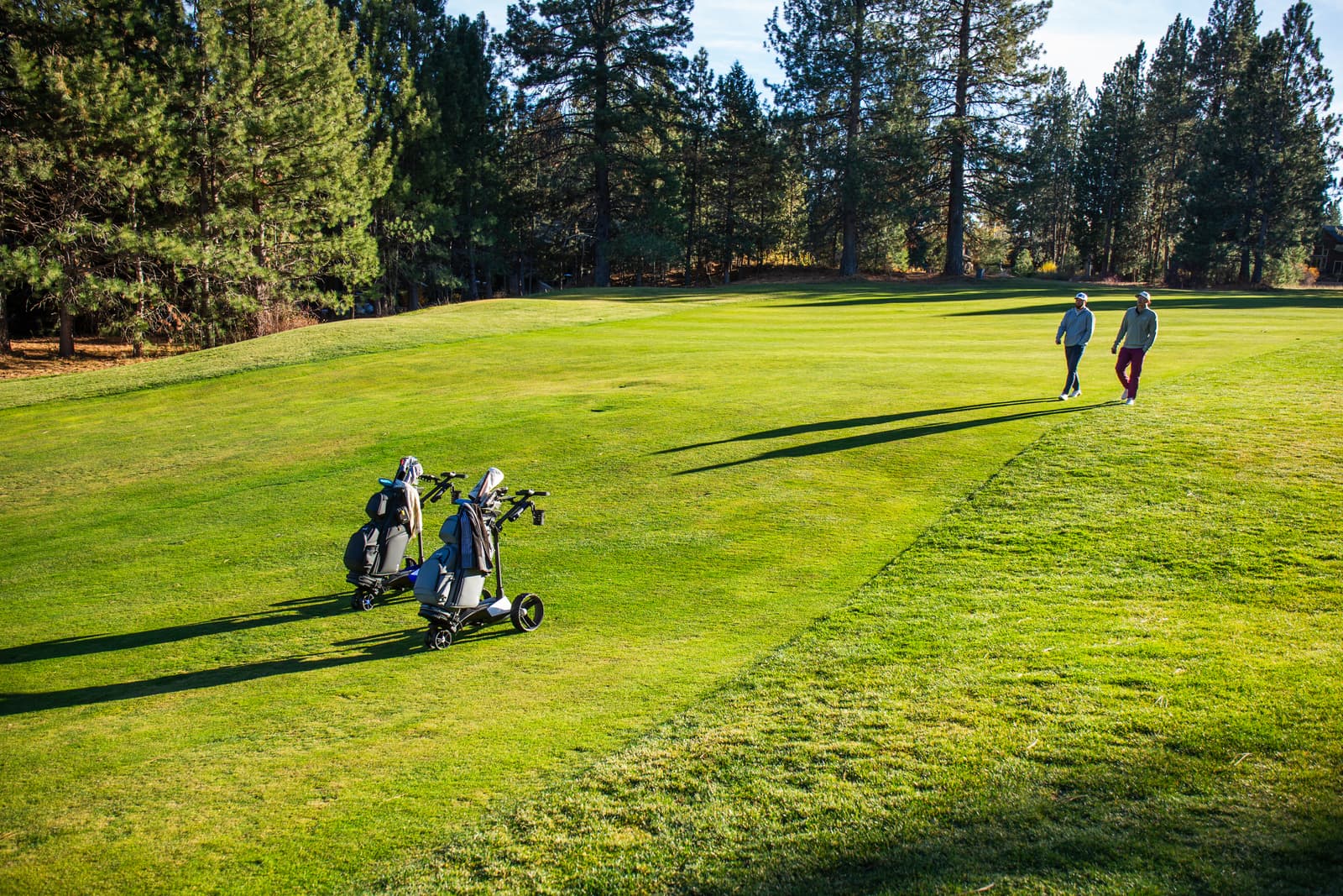 Two golfers walking on a golf course with their golf carts.