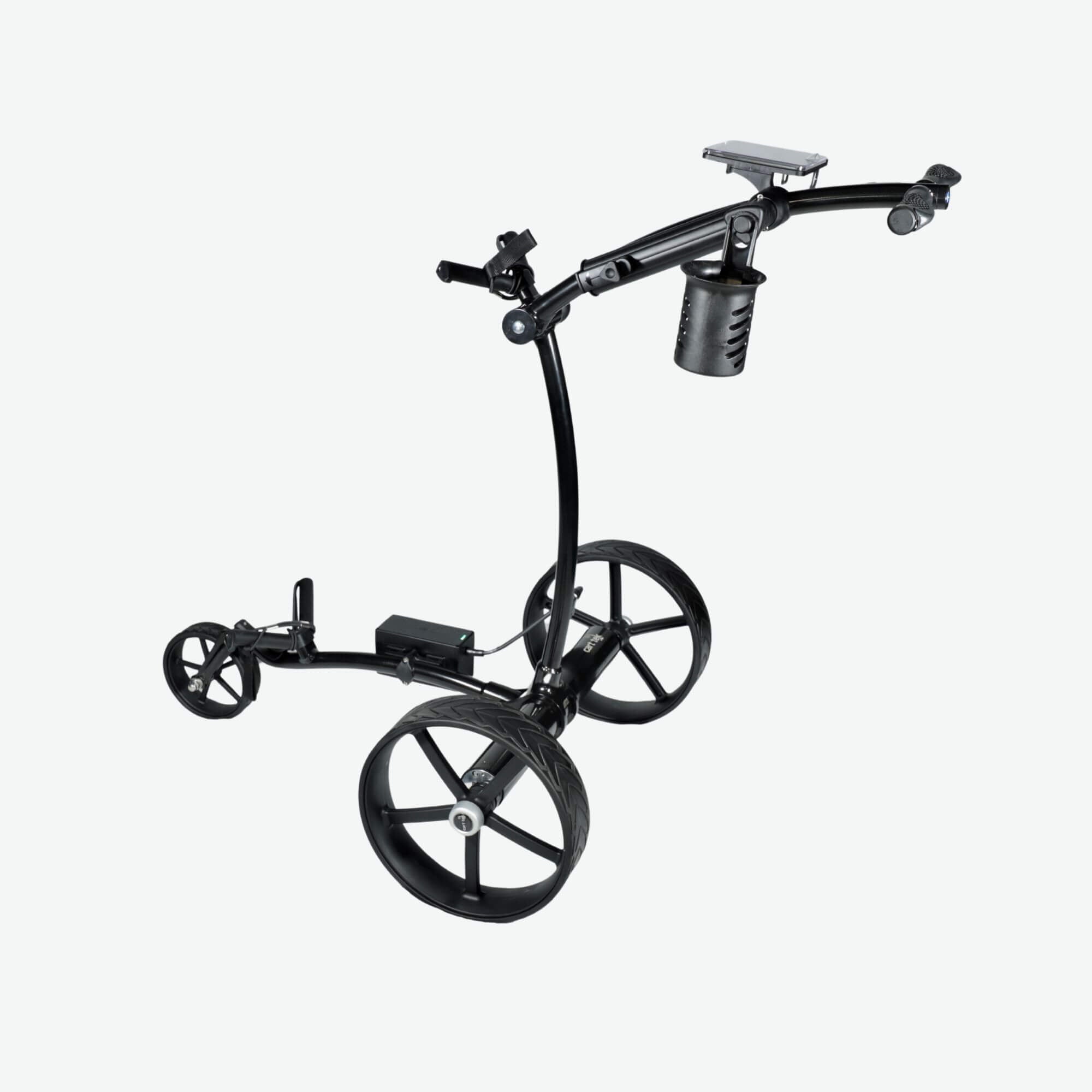 Left rear quarter elevated view of the GRi-975Li black electric golf push cart with downhill braking. This high-performance electric push cart features a rechargeable lithium battery, a sturdy frame for secure golf bag transport, and an advanced braking system for smooth and controlled descents on any terrain.