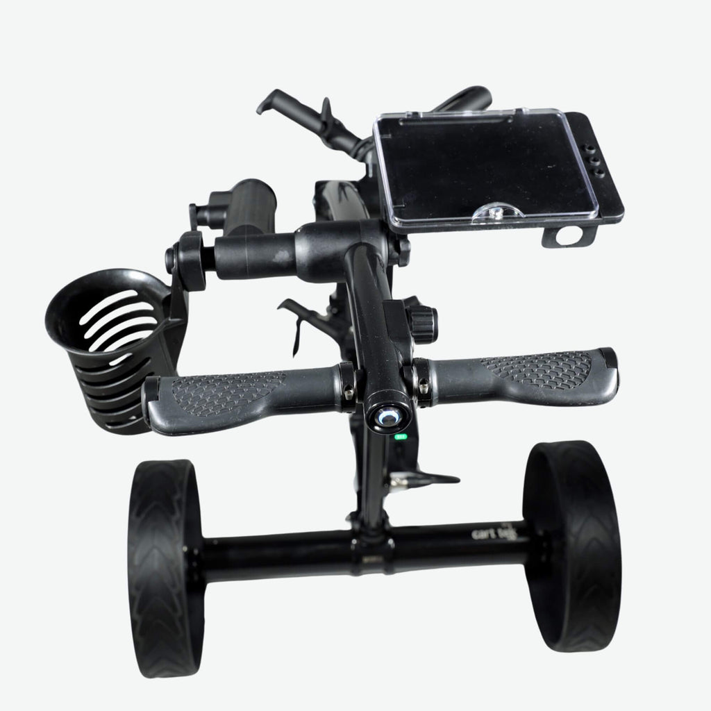 Rear elevated view of the GRi-975Li black electric golf push cart with downhill braking, highlighting accessories. This advanced electric golf push cart features a sturdy frame, a rechargeable lithium battery, and an intuitive braking system for controlled descents. The image focuses on additional accessories designed to enhance convenience on the course.