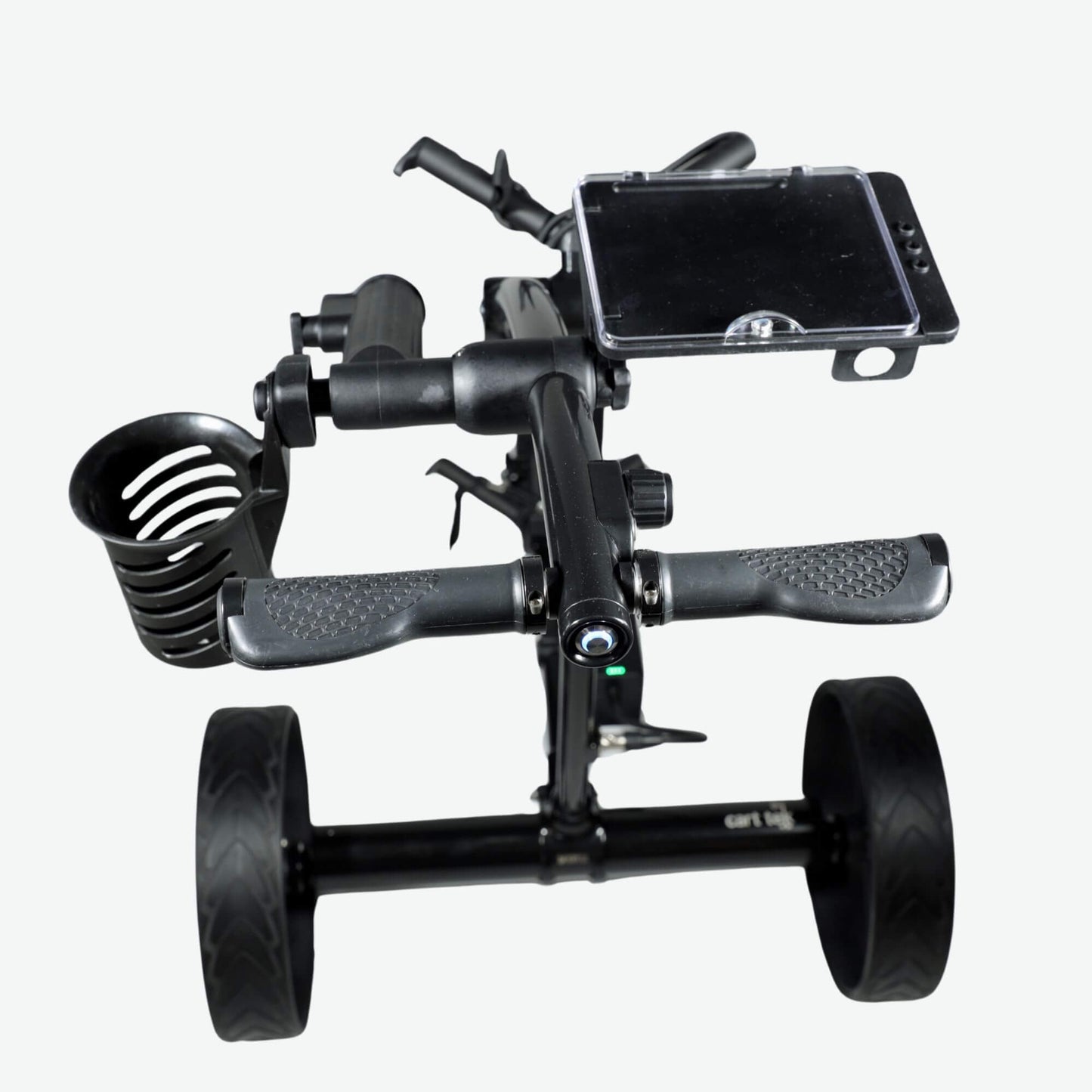Rear elevated view of the GRi-975Li black electric golf push cart with downhill braking, highlighting accessories. This advanced electric golf push cart features a sturdy frame, a rechargeable lithium battery, and an intuitive braking system for controlled descents. The image focuses on additional accessories designed to enhance convenience on the course.