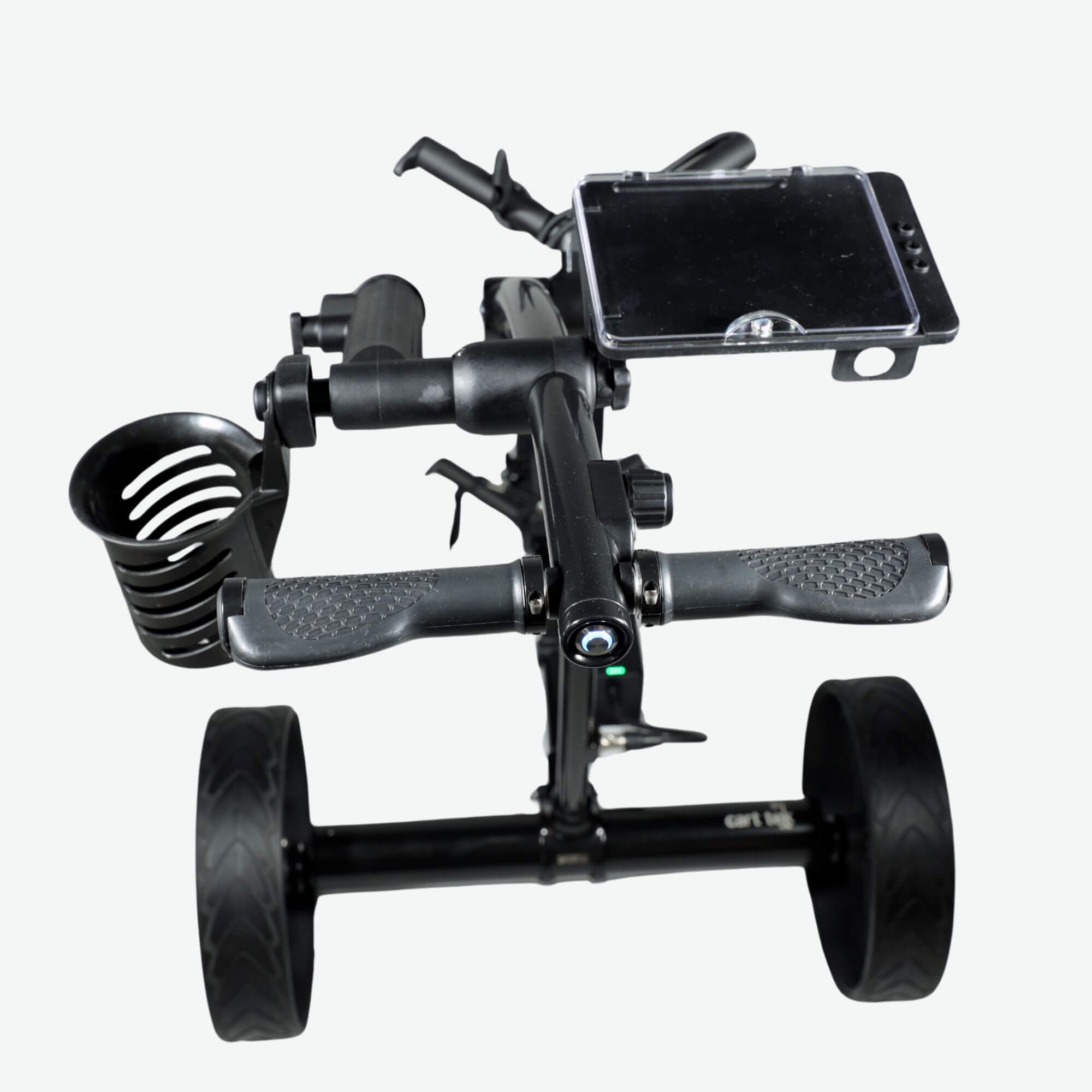 Rear elevated view of the GRi-975Li black electric golf push cart with downhill braking, highlighting accessories. This advanced electric golf push cart features a sturdy frame, a rechargeable lithium battery, and an intuitive braking system for controlled descents. The image focuses on additional accessories designed to enhance convenience on the course.