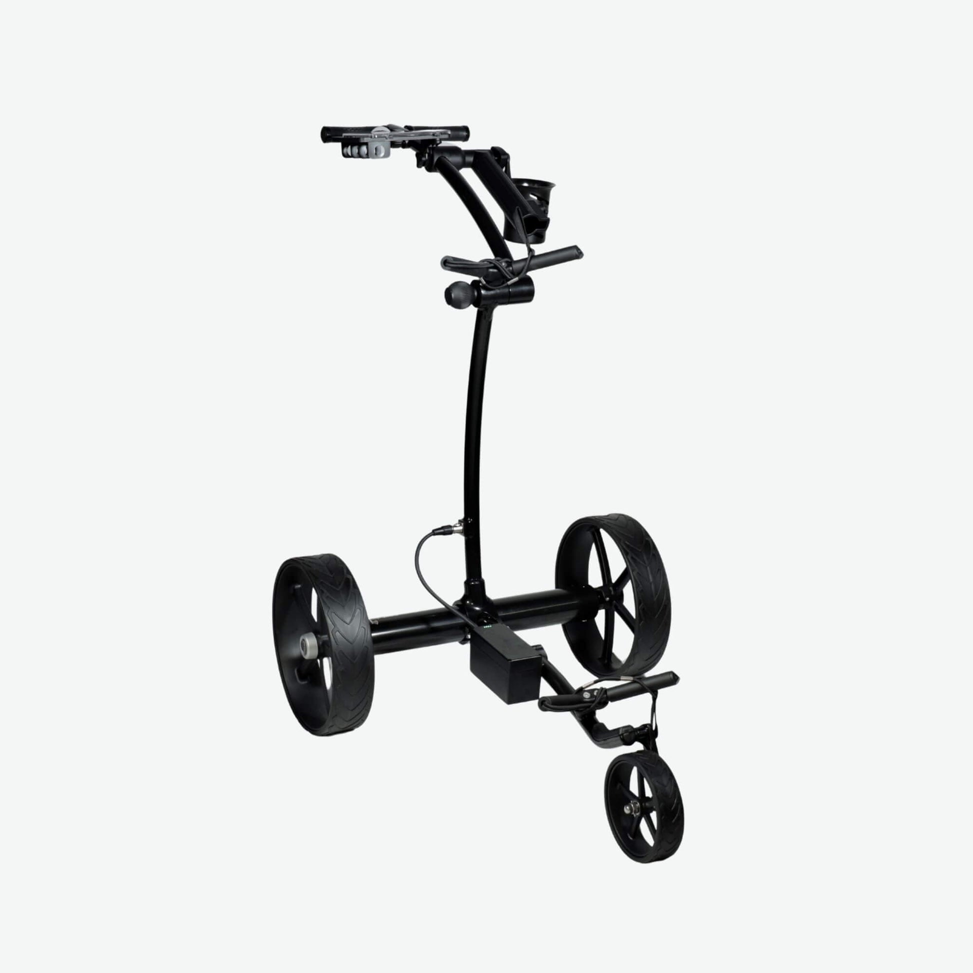 Right front quarter elevated view of the GRi-975Li black electric golf push cart with downhill braking. This sleek and durable electric push cart features a rechargeable lithium battery, a stable three-wheel design, and an advanced braking system for controlled movement on sloped terrain, ensuring a smooth golfing experience.