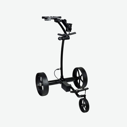 Right front quarter elevated view of the GRi-975Li black electric golf push cart with downhill braking. This sleek and durable electric push cart features a rechargeable lithium battery, a stable three-wheel design, and an advanced braking system for controlled movement on sloped terrain, ensuring a smooth golfing experience.
