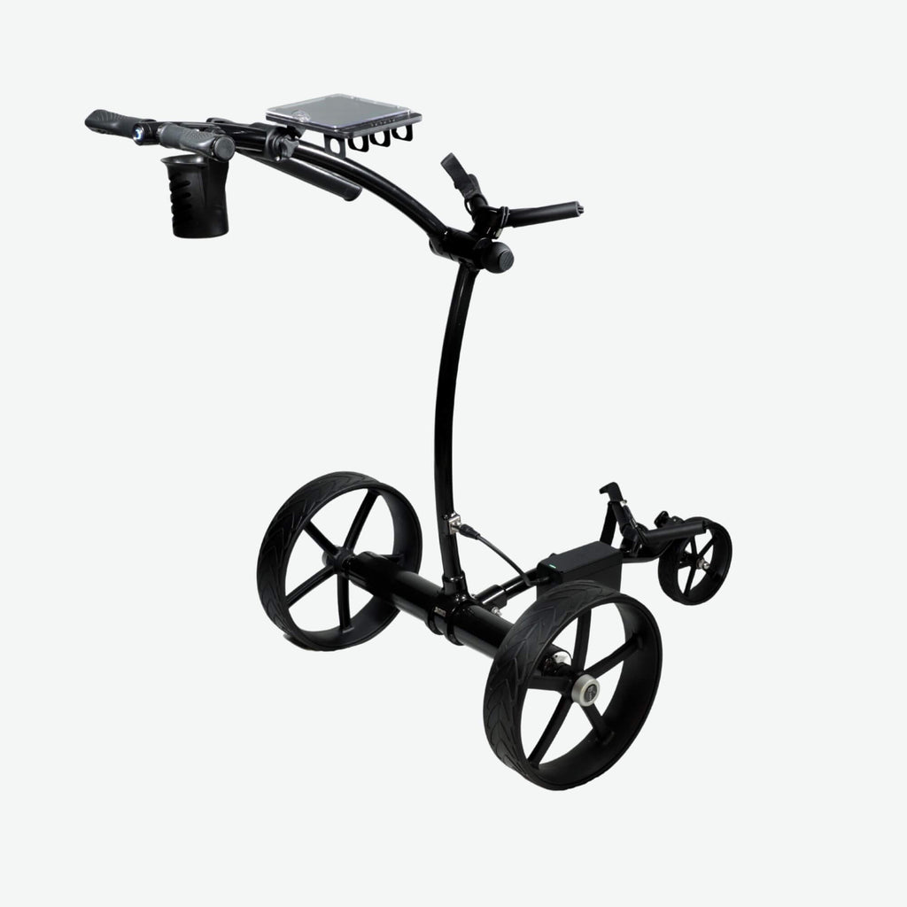 Right rear quarter elevated view of the GRi-975Li black electric golf push cart with downhill braking. This modern electric push cart features a rechargeable lithium battery, an advanced braking system for controlled descents, and a durable frame designed to securely transport a golf bag across the course with ease.