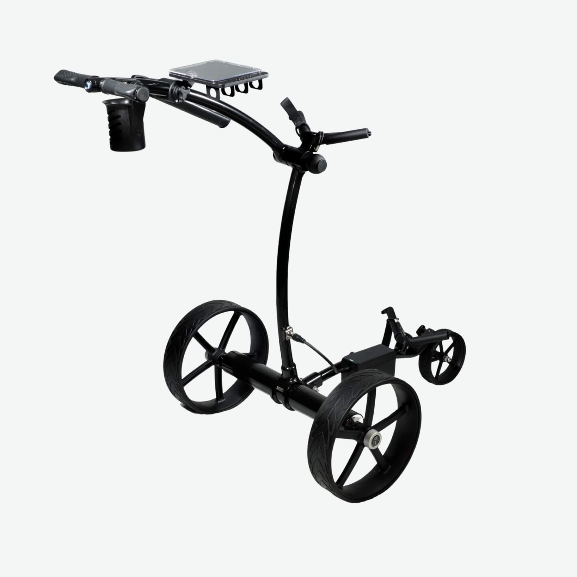 Right rear quarter elevated view of the GRi-975Li black electric golf push cart with downhill braking. This modern electric push cart features a rechargeable lithium battery, an advanced braking system for controlled descents, and a durable frame designed to securely transport a golf bag across the course with ease.