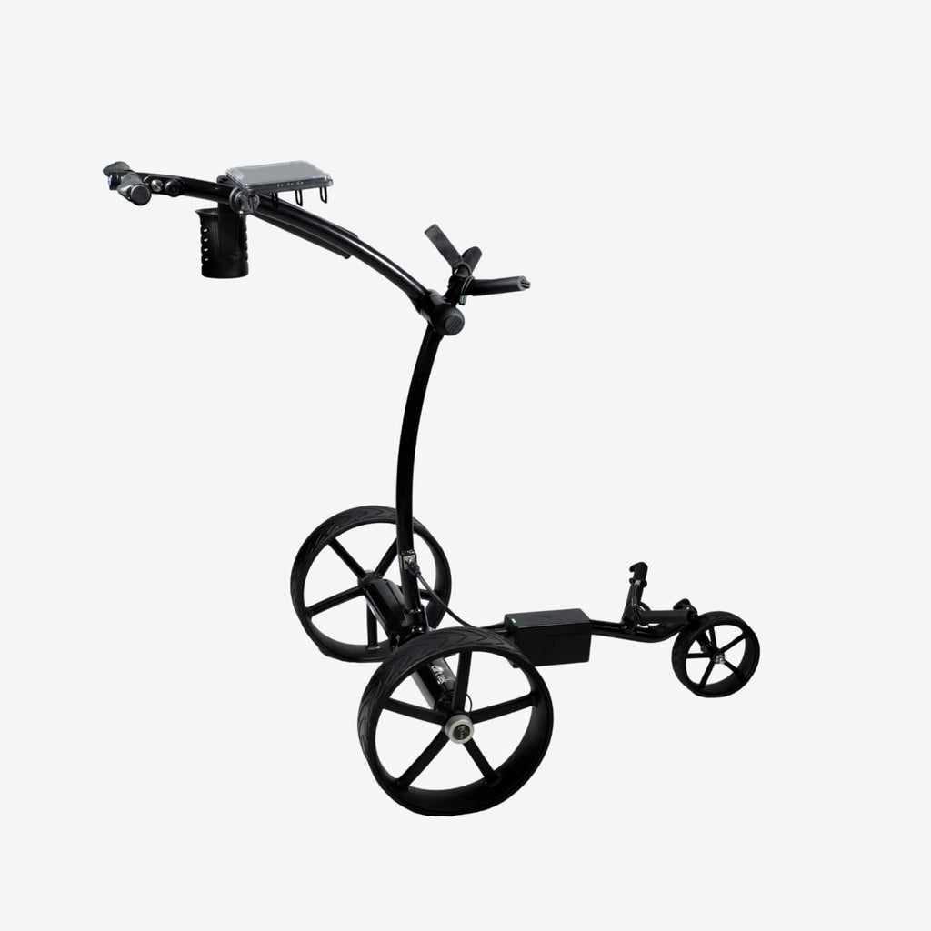 Right side elevated view of the GRi-975Li black electric golf push cart with downhill braking. Designed for effortless maneuverability, this lightweight electric golf push cart features advanced braking technology, a powerful rechargeable lithium battery, and a sturdy frame to support your golf bag on any terrain.