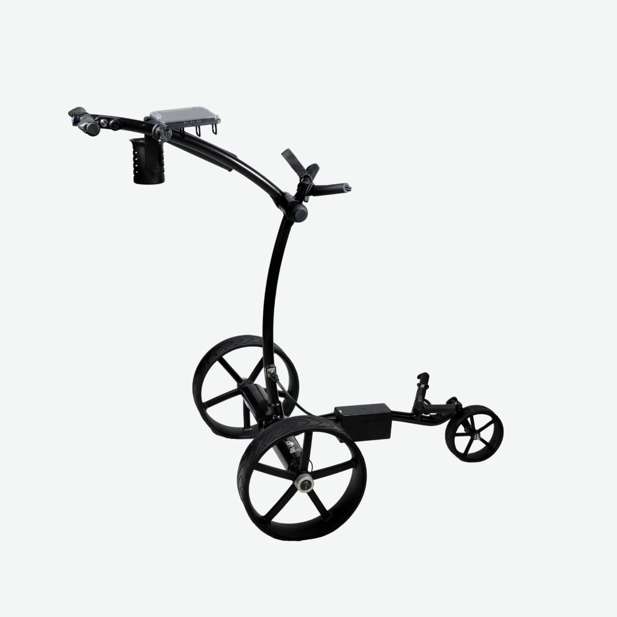 Right side elevated view of the GRi-975Li black electric golf push cart with downhill braking. Designed for effortless maneuverability, this lightweight electric golf push cart features advanced braking technology, a powerful rechargeable lithium battery, and a sturdy frame to support your golf bag on any terrain.