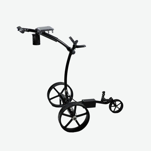 Right side elevated view of the GRi-975Li black electric golf push cart with downhill braking. Designed for effortless maneuverability, this lightweight electric golf push cart features advanced braking technology, a powerful rechargeable lithium battery, and a sturdy frame to support your golf bag on any terrain.