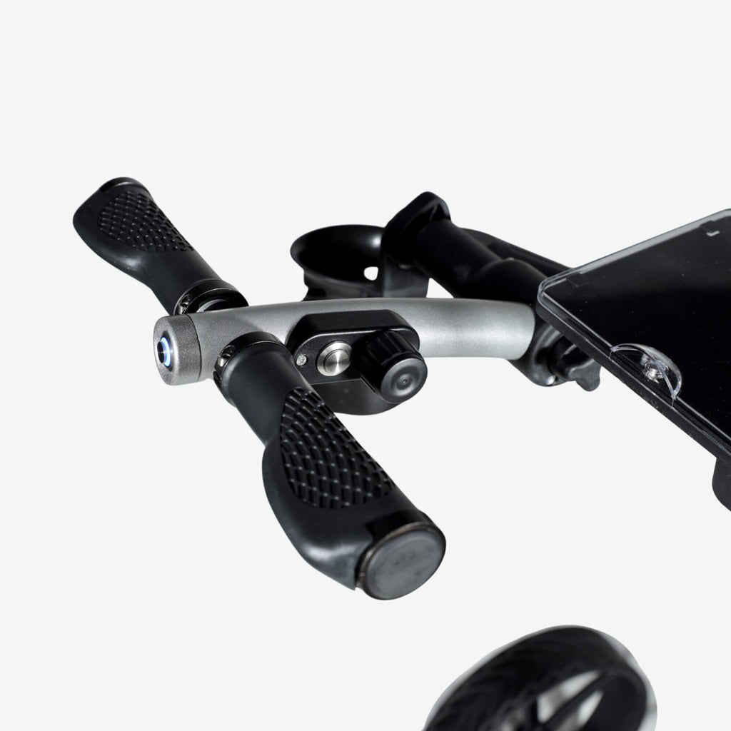 Close-up of the handle on the GRi-975Li Silver electric golf push cart, highlighting the distance control function for seamless hands-free operation on the course.