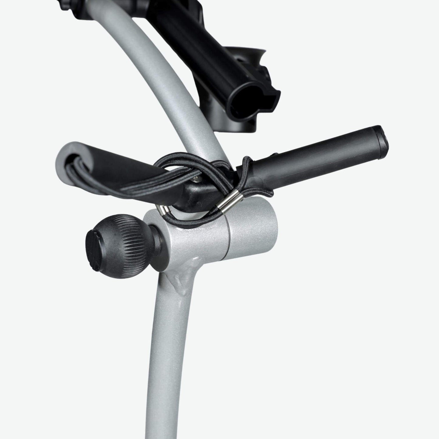 Close-up view of the V-shaped bag rest upgrade on the GRi-975Li silver electric golf push cart with downhill braking. This enhanced bag support design provides a secure and stable fit for golf bags, ensuring better balance and convenience during use on the course.