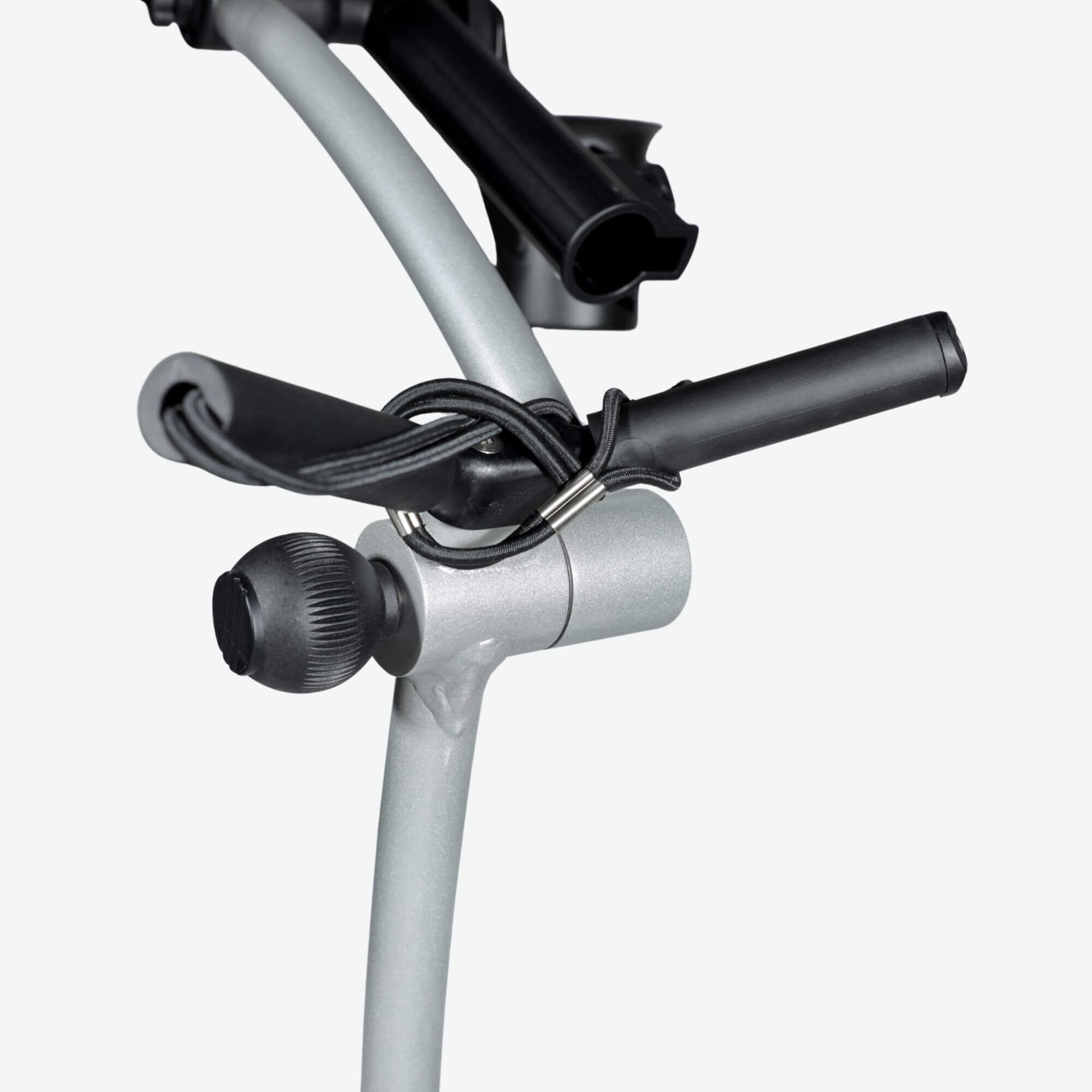 Close-up view of the V-shaped bag rest upgrade on the GRi-975Li silver electric golf push cart with downhill braking. This enhanced bag support design provides a secure and stable fit for golf bags, ensuring better balance and convenience during use on the course.