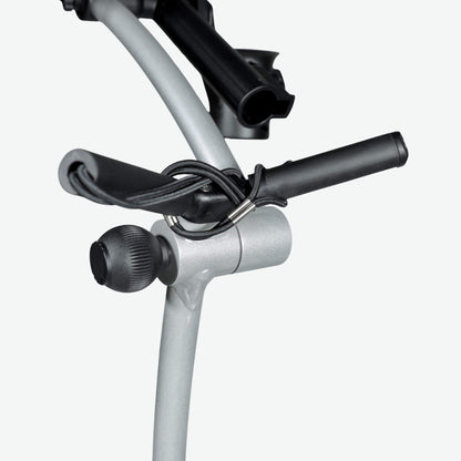 Close-up view of the V-shaped bag rest upgrade on the GRi-975Li silver electric golf push cart with downhill braking. This enhanced bag support design provides a secure and stable fit for golf bags, ensuring better balance and convenience during use on the course.