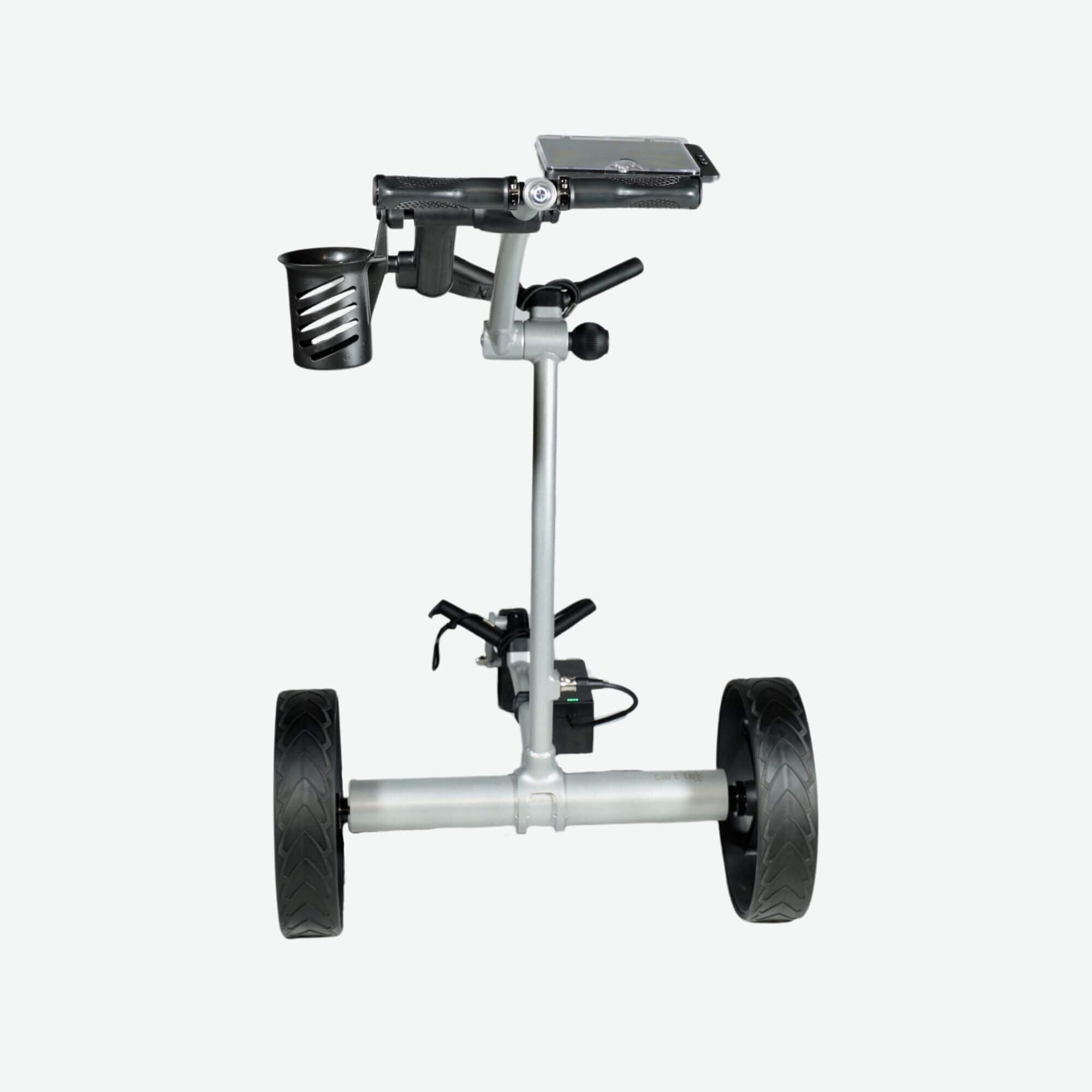 Rear view of the GRi-975Li Silver electric golf push cart with downhill braking, highlighting its sturdy frame, dual-wheel stability, and ergonomic handle design for easy maneuverability on the golf course.