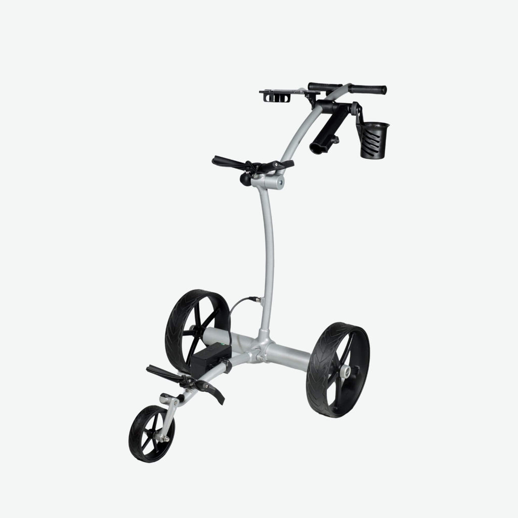 Left front quarter view of the GRi-975Li Silver electric golf push cart with downhill braking, highlighting its sleek design, stable three-wheel configuration, and ergonomic handle for effortless maneuverability on the course.