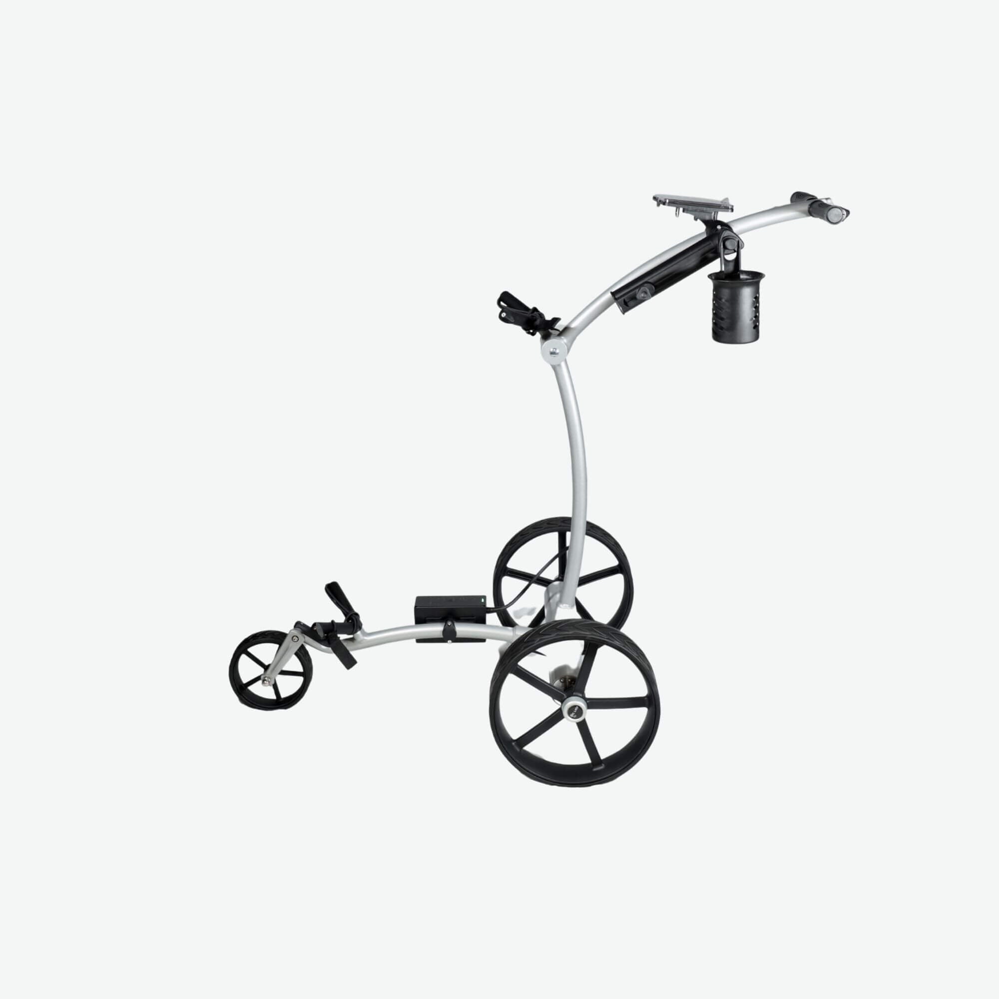 Left side profile of the GRi-975Li Silver electric golf push cart with downhill braking, showcasing its lightweight aluminum frame, durable wheels, and ergonomic handle for smooth and effortless navigation on the golf course.