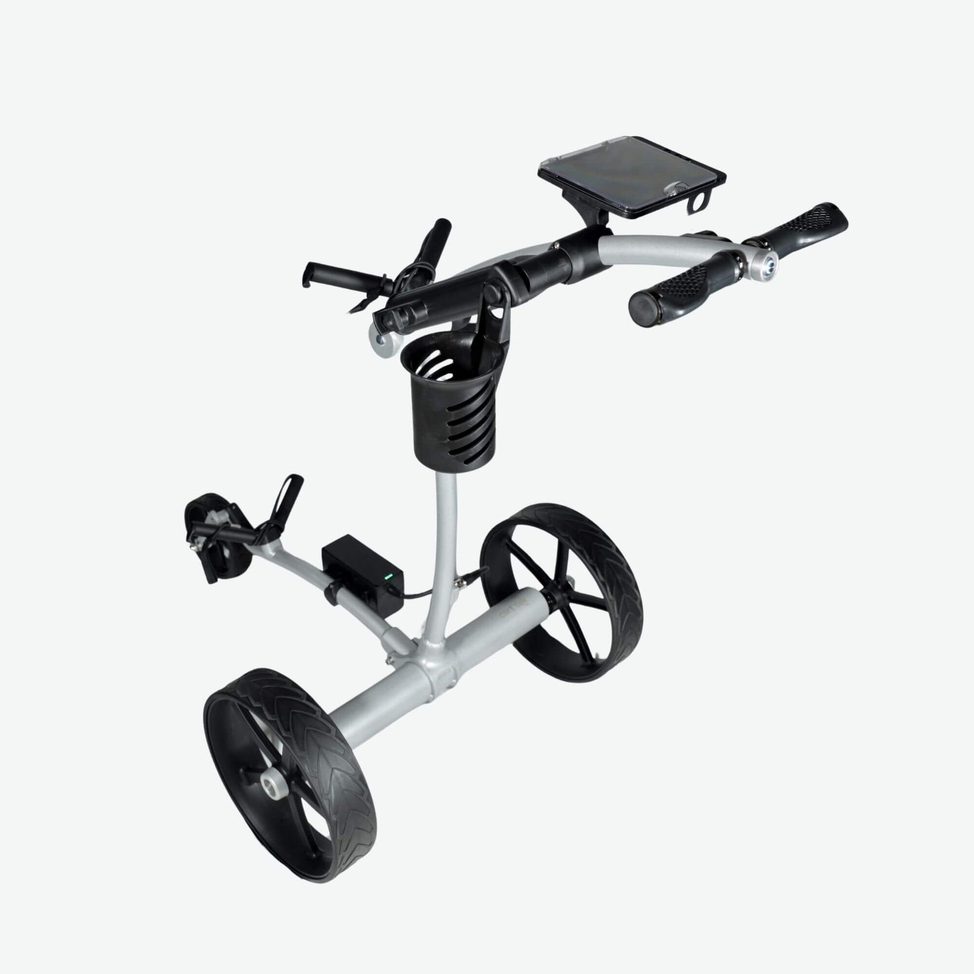 Left rear quarter view of the GRi-975Li silver electric golf push cart with downhill braking. This advanced electric push cart features a sturdy three-wheel design, a rechargeable lithium battery, and an intuitive braking system for controlled movement on sloped terrain, providing a seamless golfing experience.