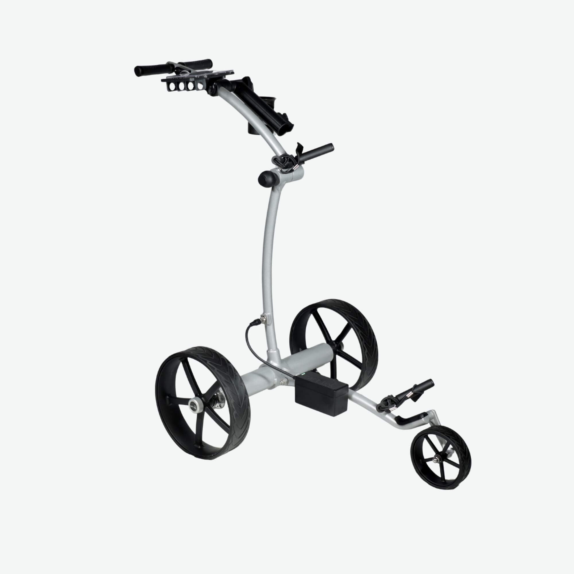 GRi-975Li Silver electric golf push cart with downhill braking, captured from the right front quarter angle, showcasing its sleek design, ergonomic handle, and sturdy wheels for smooth navigation on the golf course.