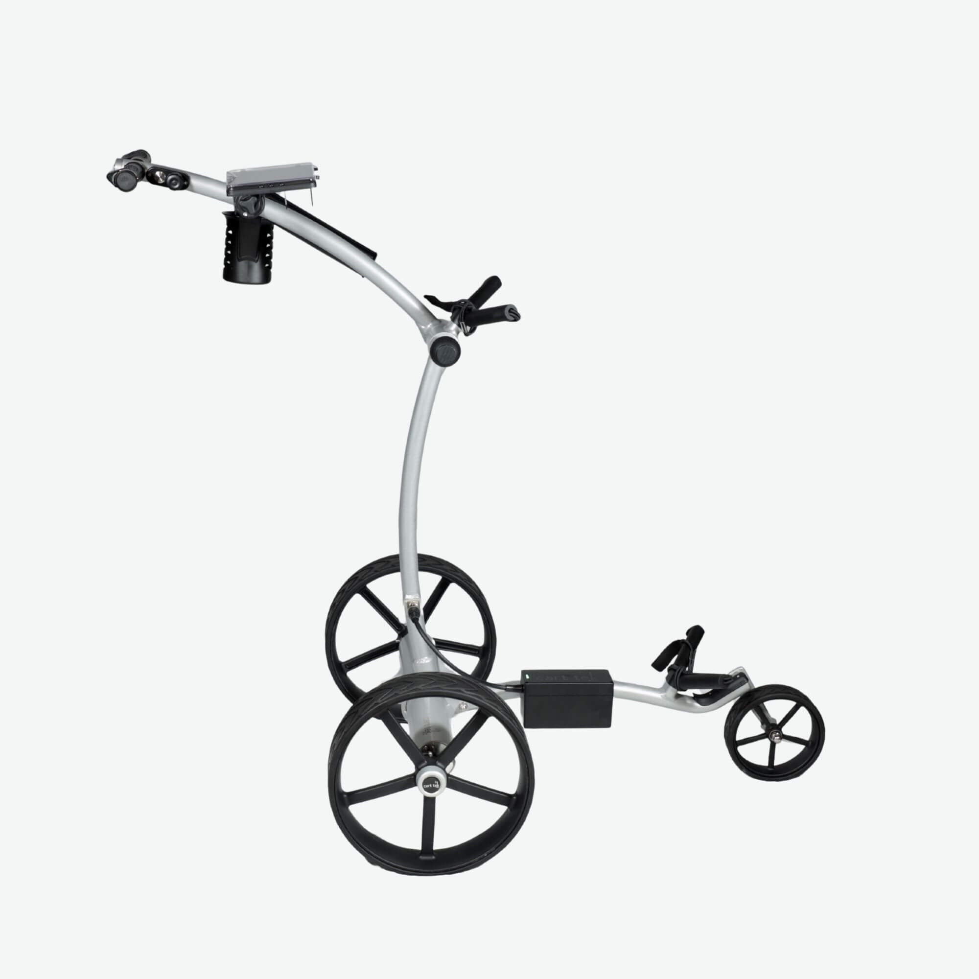 Right-side profile of the GRi-975Li Silver electric golf push cart with downhill braking, showcasing its sturdy frame, ergonomic handle, and durable wheels designed for smooth navigation on the course.