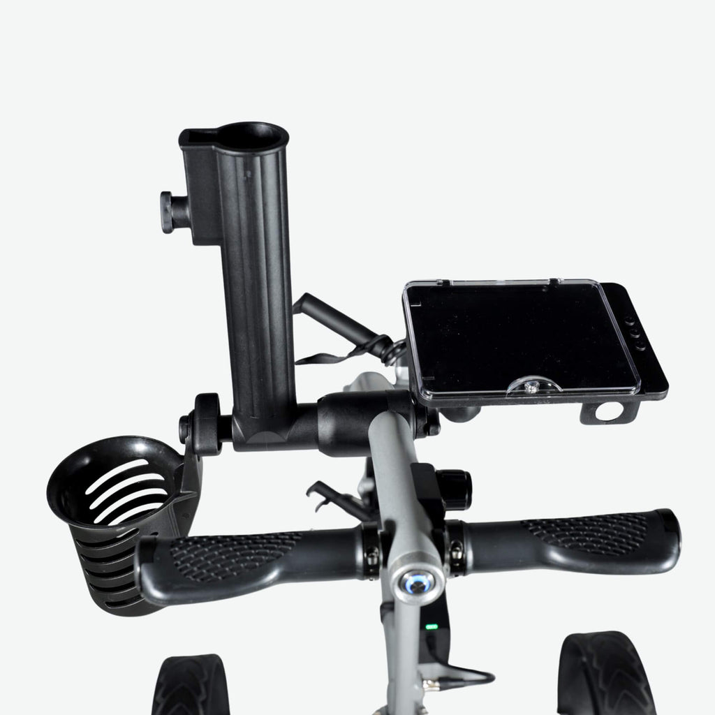 GRi-975Li silver electric golf push cart with downhill braking, displayed with accessories. This high-performance electric push cart features a rechargeable lithium battery, a stable three-wheel design, and an advanced braking system for smooth descents. The image highlights convenient accessories designed to enhance the golfer's experience on the course.