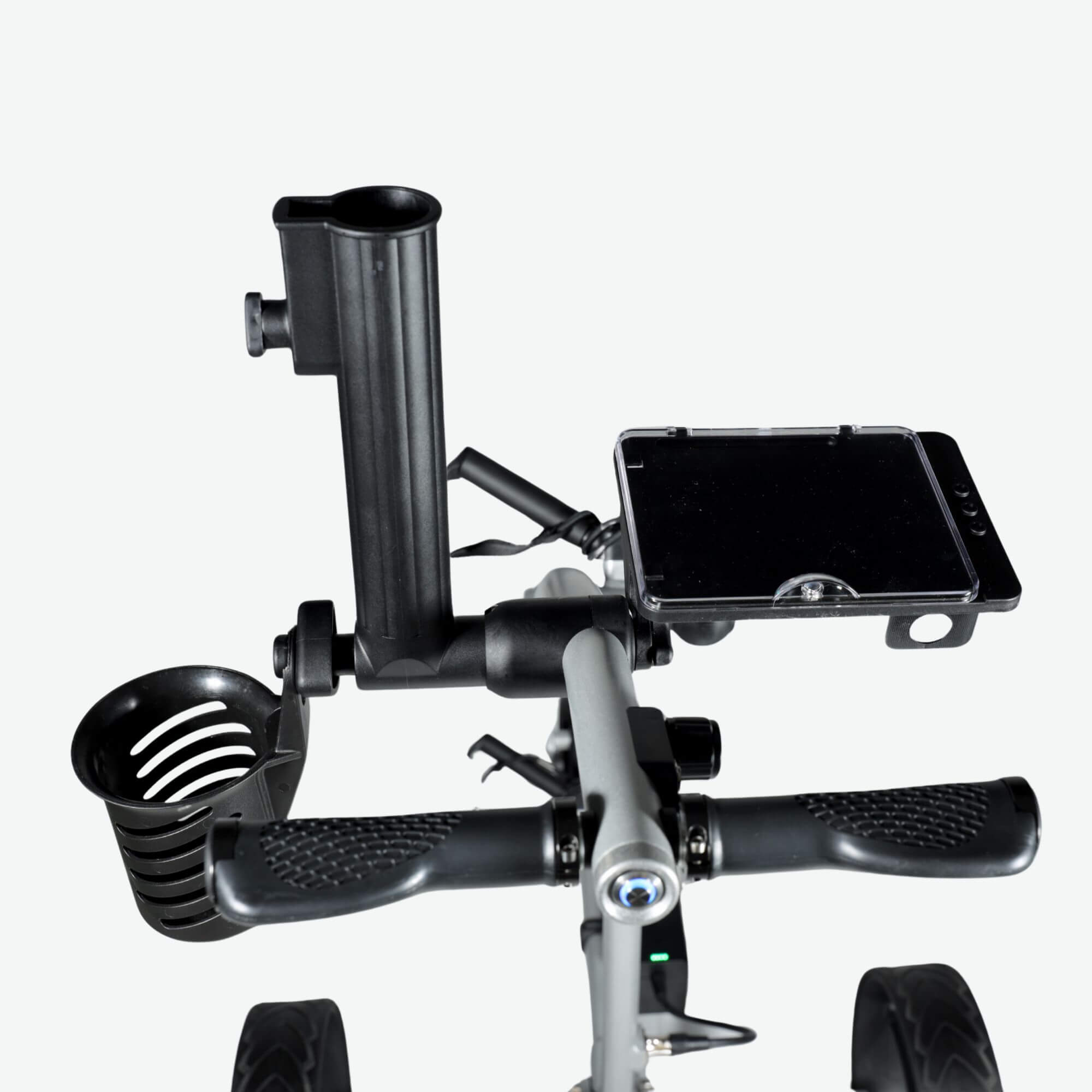 GRi-975Li silver electric golf push cart with downhill braking, displayed with accessories. This high-performance electric push cart features a rechargeable lithium battery, a stable three-wheel design, and an advanced braking system for smooth descents. The image highlights convenient accessories designed to enhance the golfer's experience on the course.