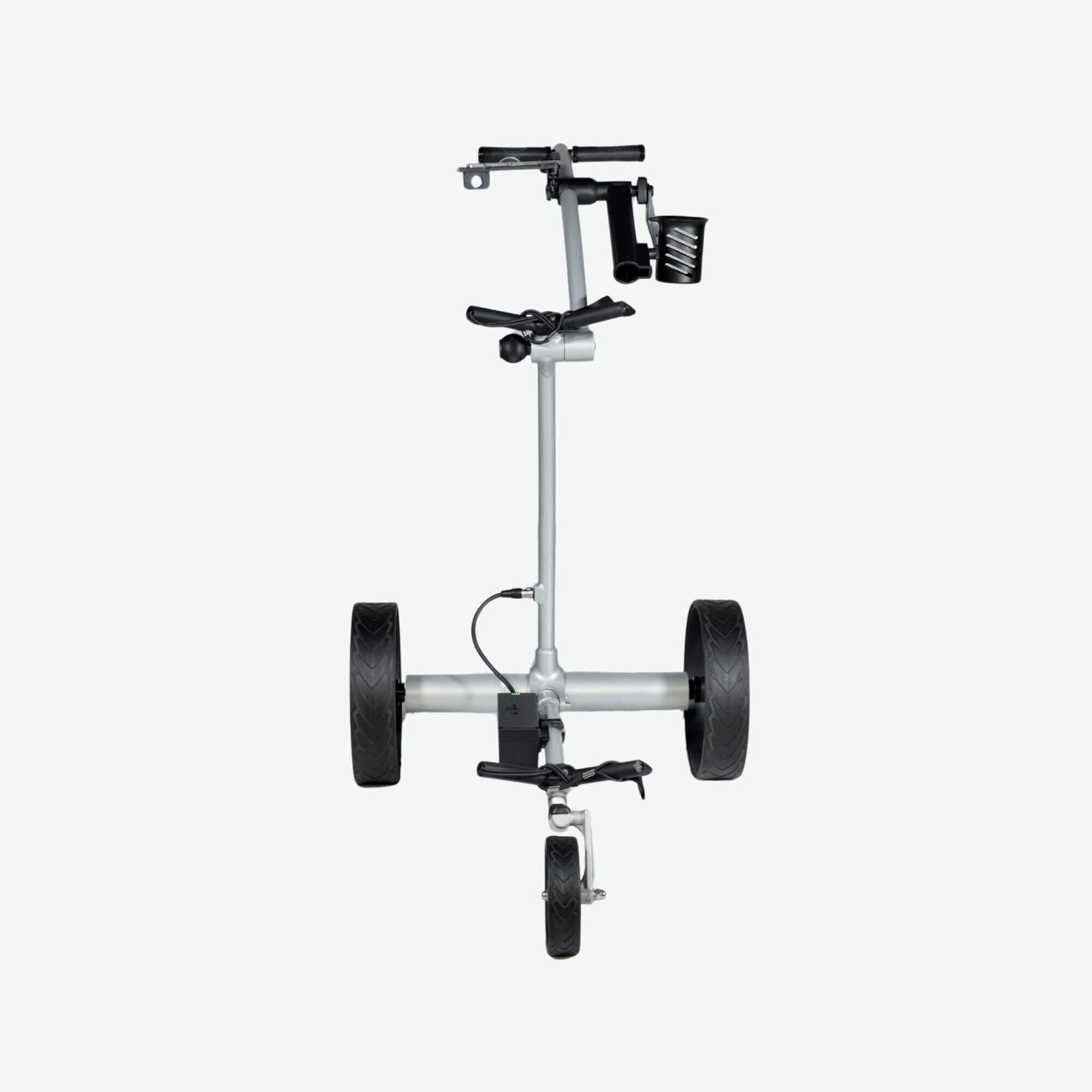 Front view of the GRi-975Li Silver electric golf push cart with downhill braking, highlighting its sleek design, ergonomic handle, and stable wheelbase for effortless navigation on the course.