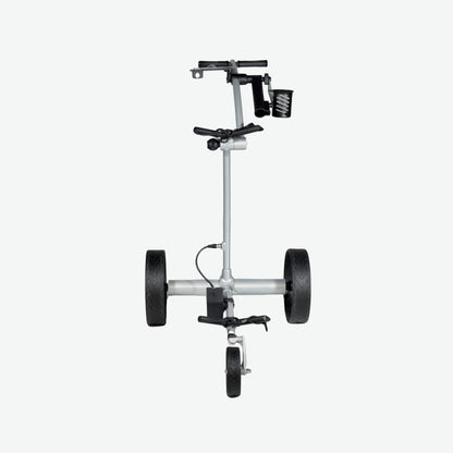 Front view of the GRi-975Li Silver electric golf push cart with downhill braking, highlighting its sleek design, ergonomic handle, and stable wheelbase for effortless navigation on the course.