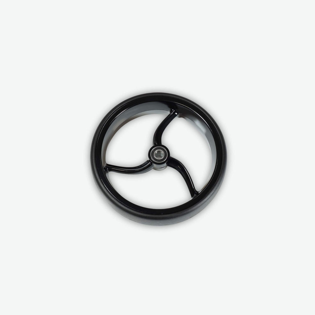 Front wheel of the Galaxy Titan electric golf cart, featuring pivot-friendly design for effortless turning and push cart maneuverability.