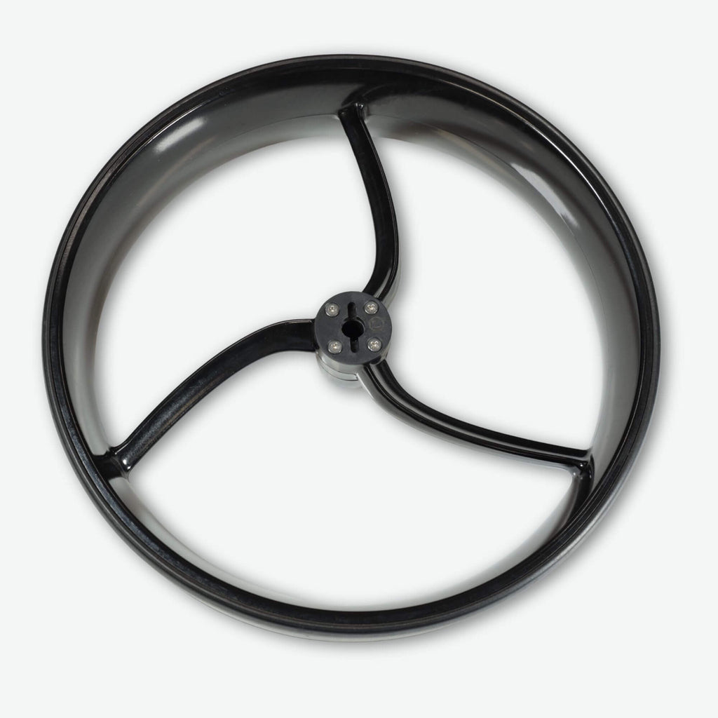 Left wheel view of the Galaxy Titan motorized golf cart, showing durable tread and suspension designed for smooth electric golf trolley performance.