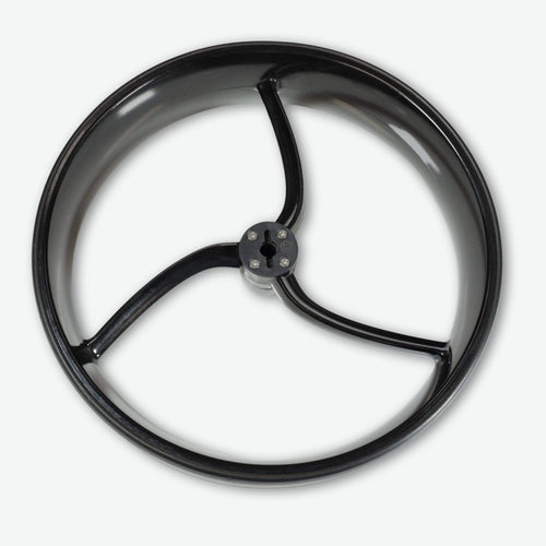 Left wheel view of the Galaxy Titan motorized golf cart, showing durable tread and suspension designed for smooth electric golf trolley performance.