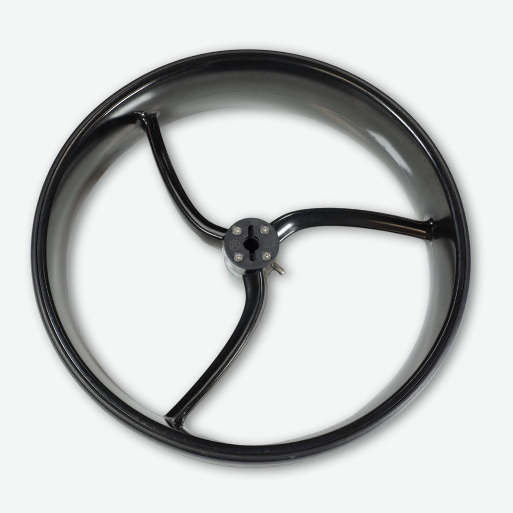 Close-up of the right rear wheel on the Galaxy Titan electric golf push cart, designed for rugged terrain and enhanced motorized golf cart stability.