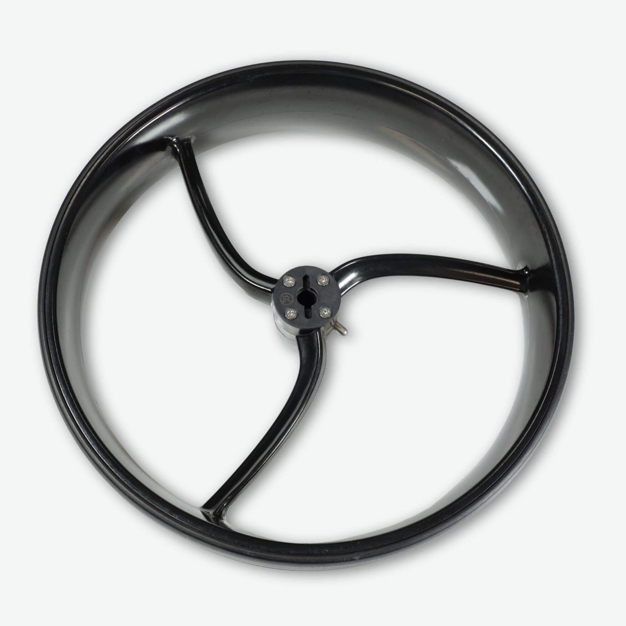 Close-up of the right rear wheel on the Galaxy Titan electric golf push cart, designed for rugged terrain and enhanced motorized golf cart stability.